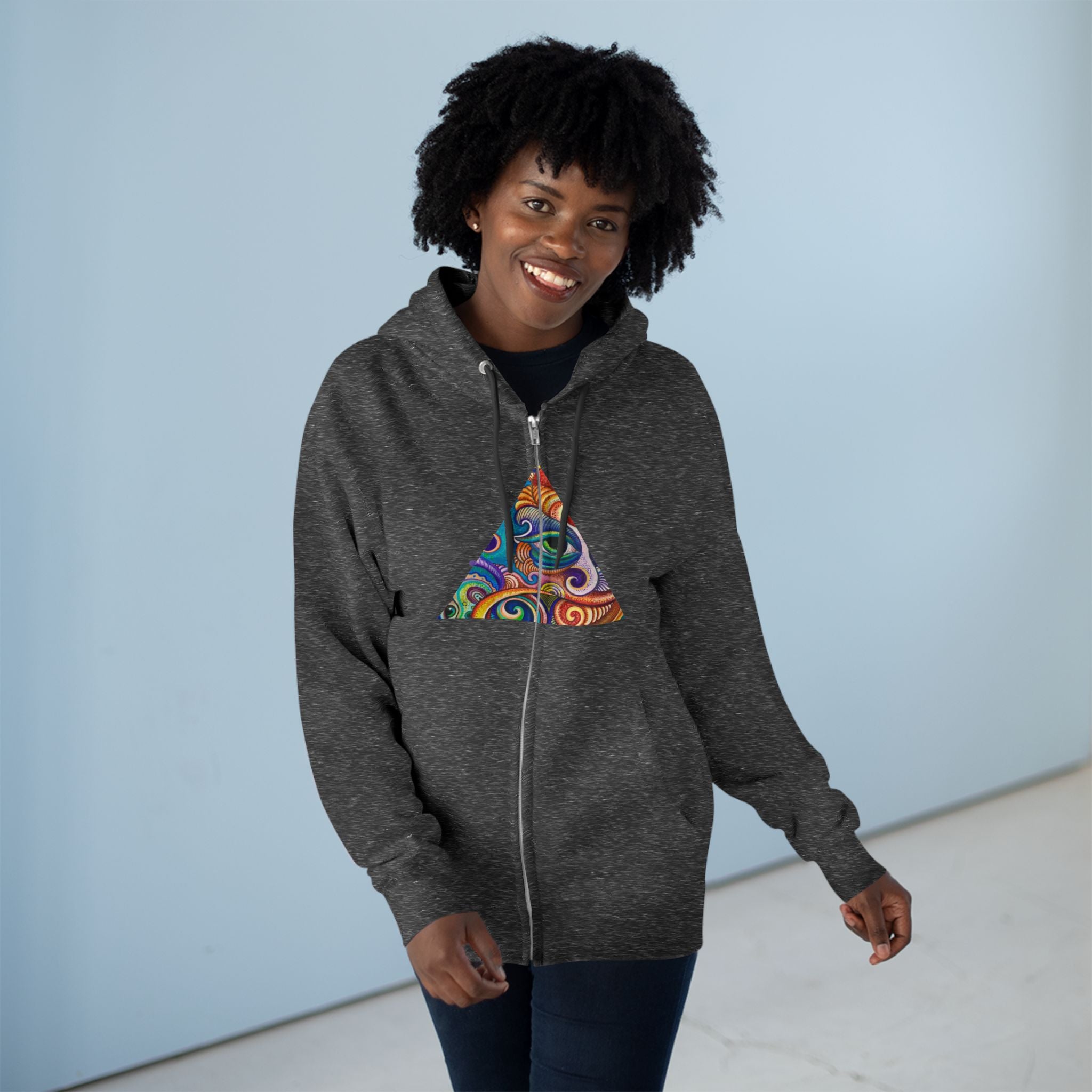 Zip Hoodie with Colorful Psychedelic Triangle & Mandala Back — Vibrant Abstract Art Zip-Up  #cp2680