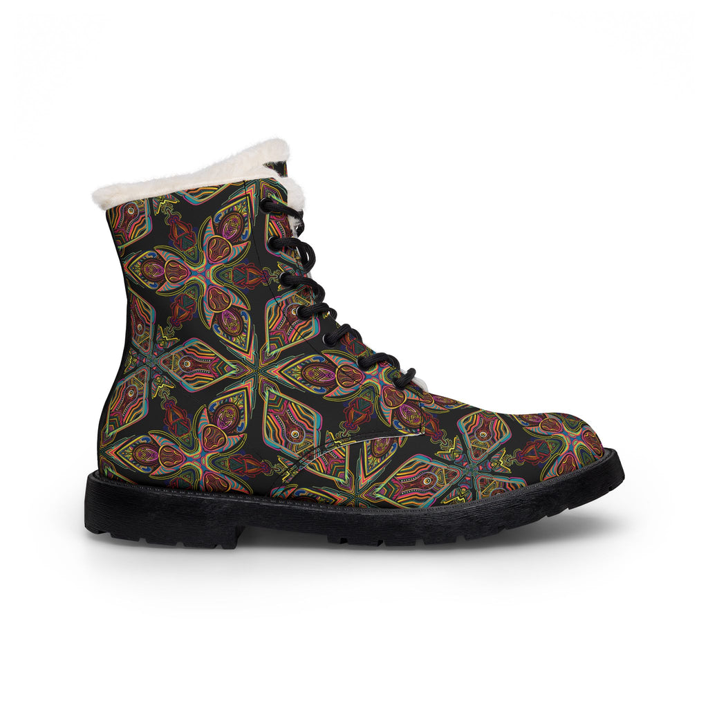 Women's Fur-Lined Leather Boots — Vintage Floral Kaleidoscope Winter Boots #hfs64299