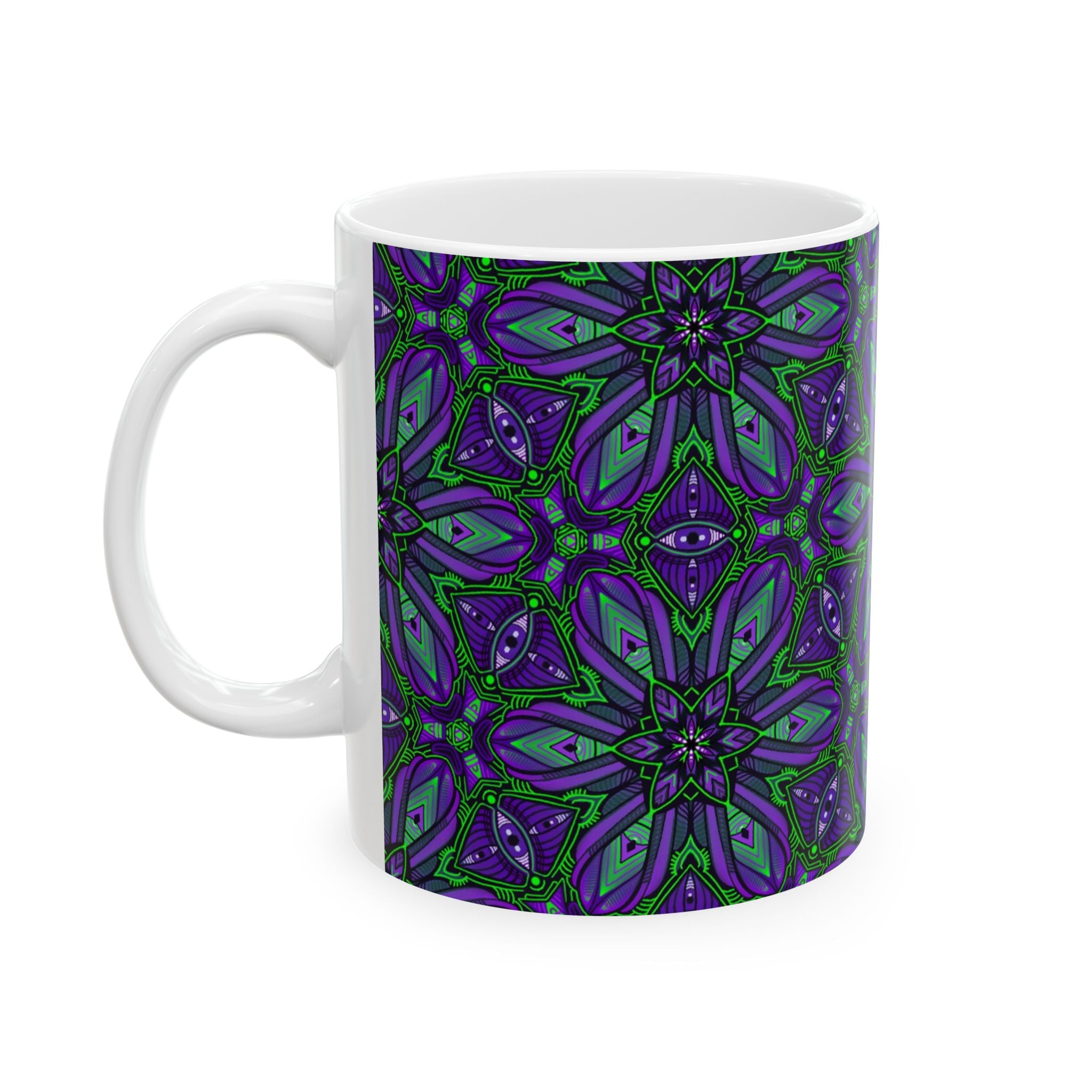 Kaleidoscope Floral Pattern Mug | Purple Green Geometric Ceramic Mug