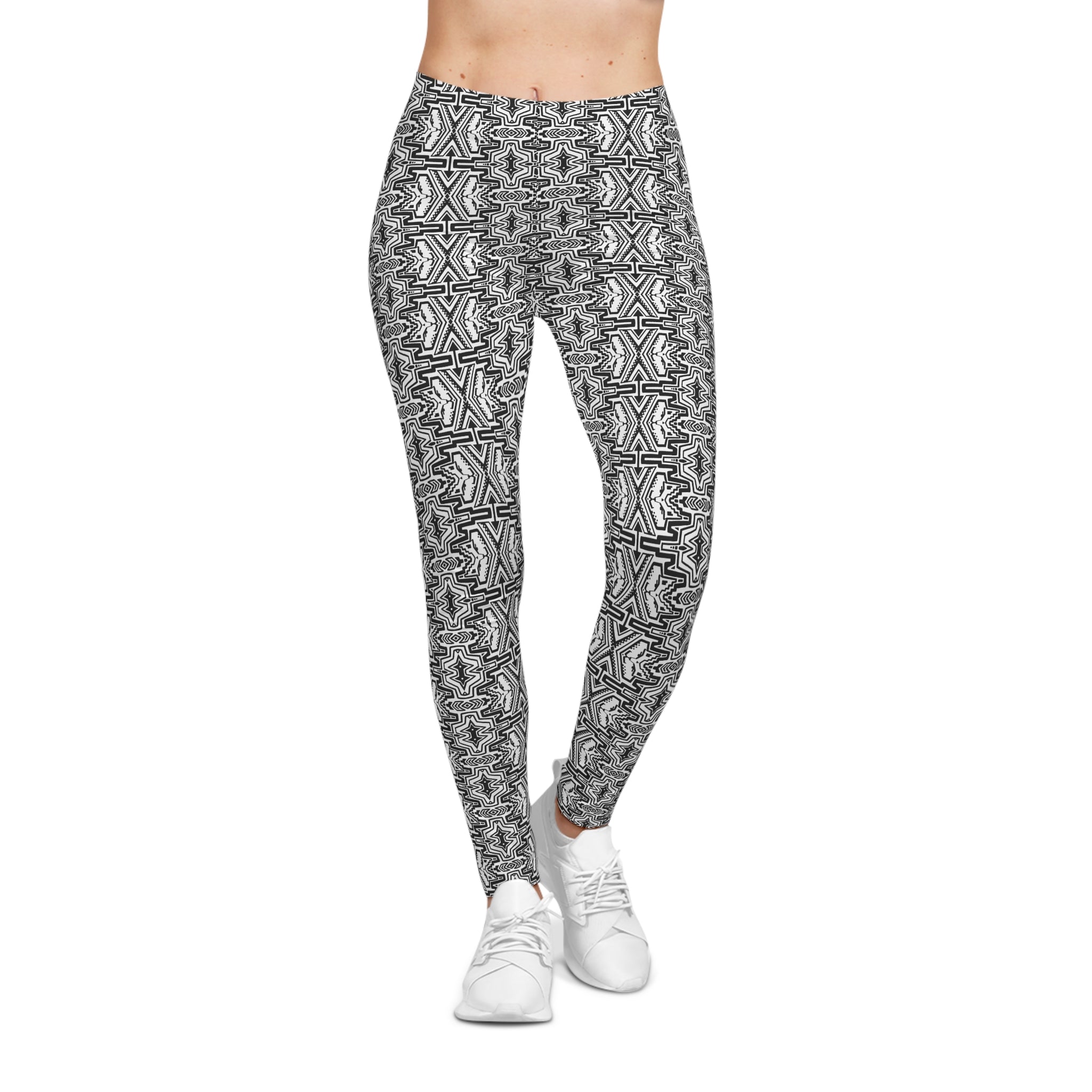 Black & White Geometric Allover Leggings — Patterned Women's Casual Leggings #jh08754