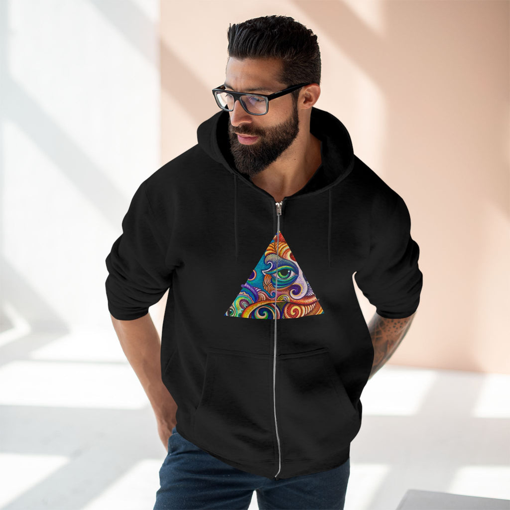 Zip Hoodie with Colorful Psychedelic Triangle & Mandala Back — Vibrant Abstract Art Zip-Up  #cp2680