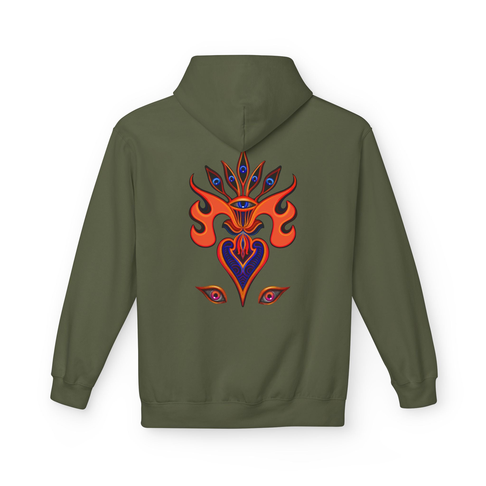 Psychedelic Third-Eye Heart Hoodie | Surreal Eye Motif, Flame Crown