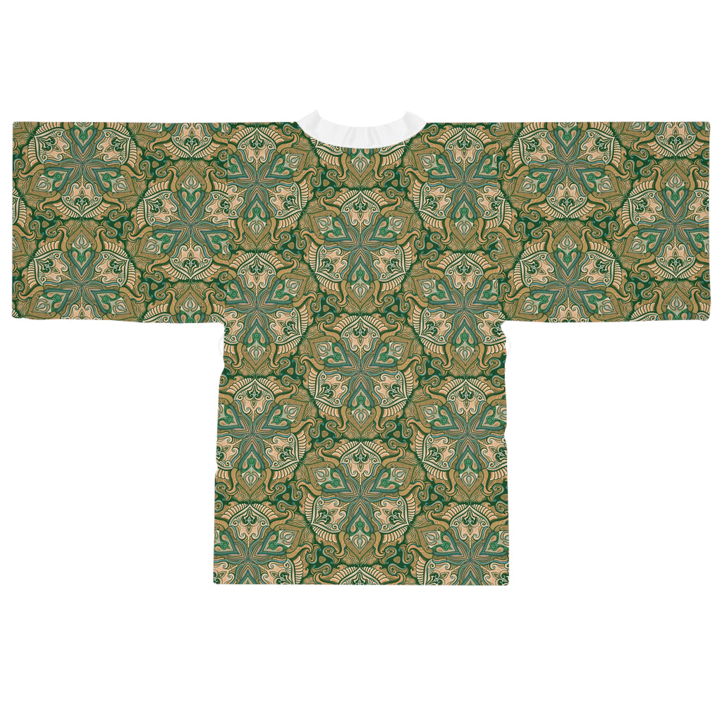 Green Floral Mandala Pattern Kimono Robe | Long Sleeve # kfm1