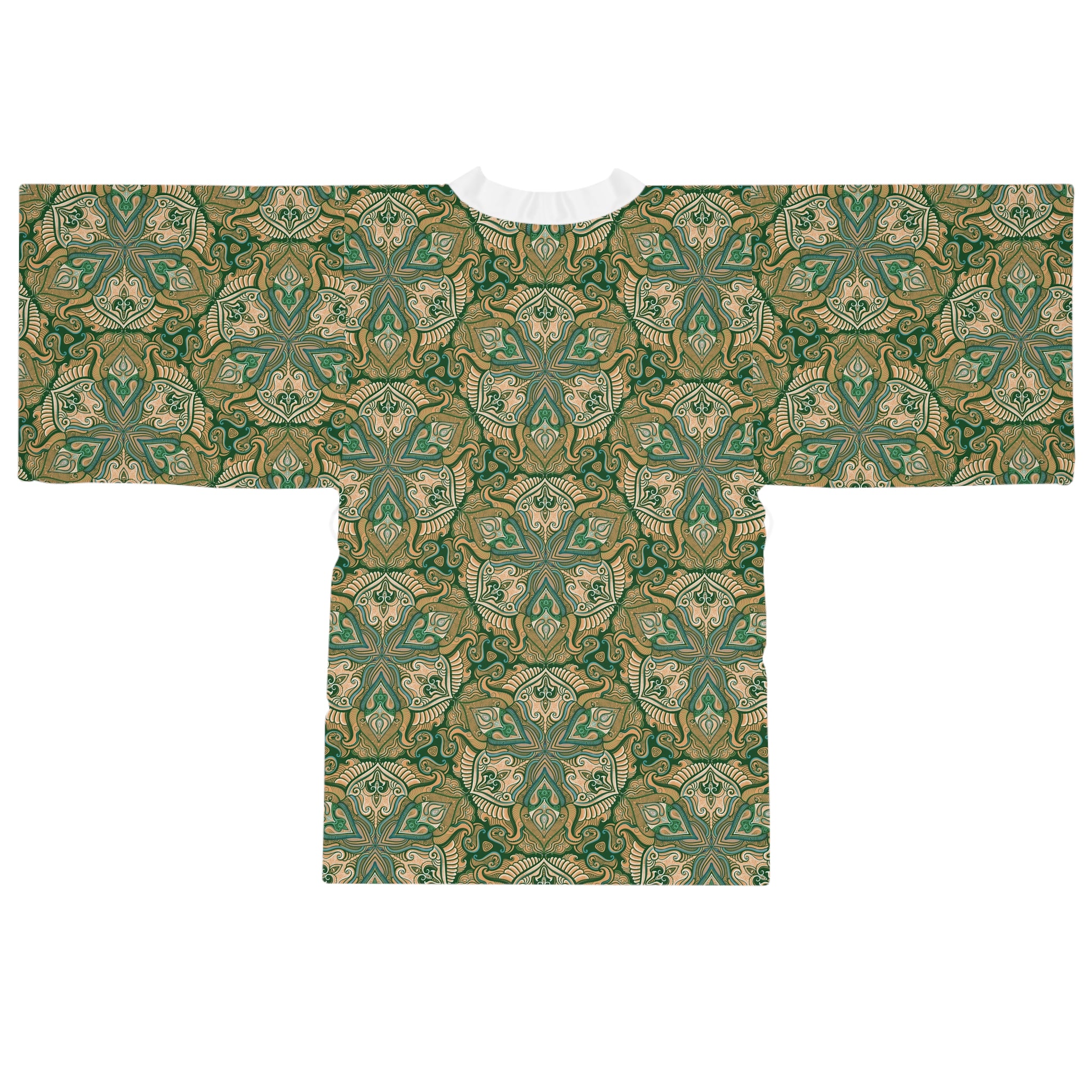 Green Floral Mandala Pattern Kimono Robe | Long Sleeve # kfm1
