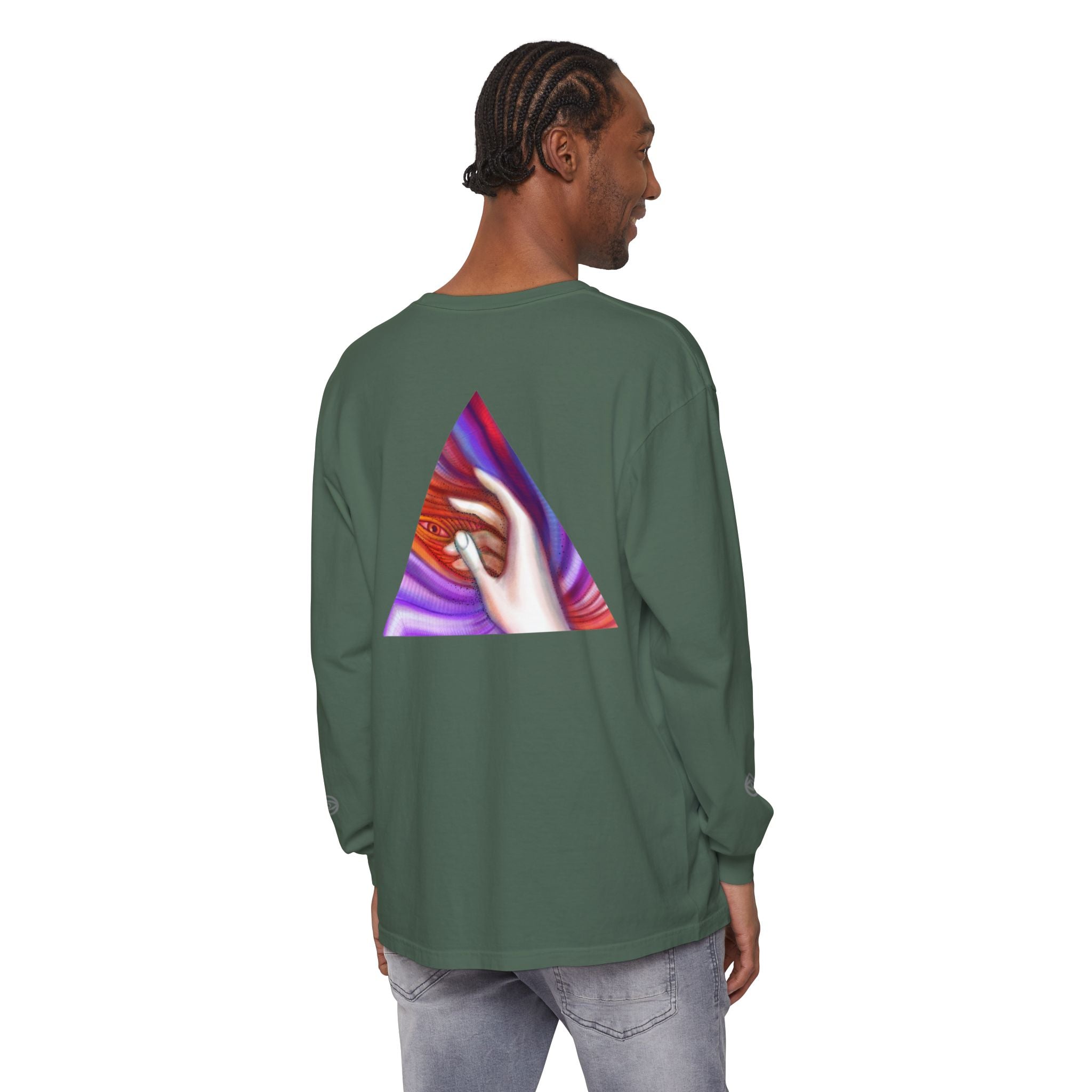 Long Sleeve T-Shirt — Triangular Hand Art Graphic (White) #sh26774