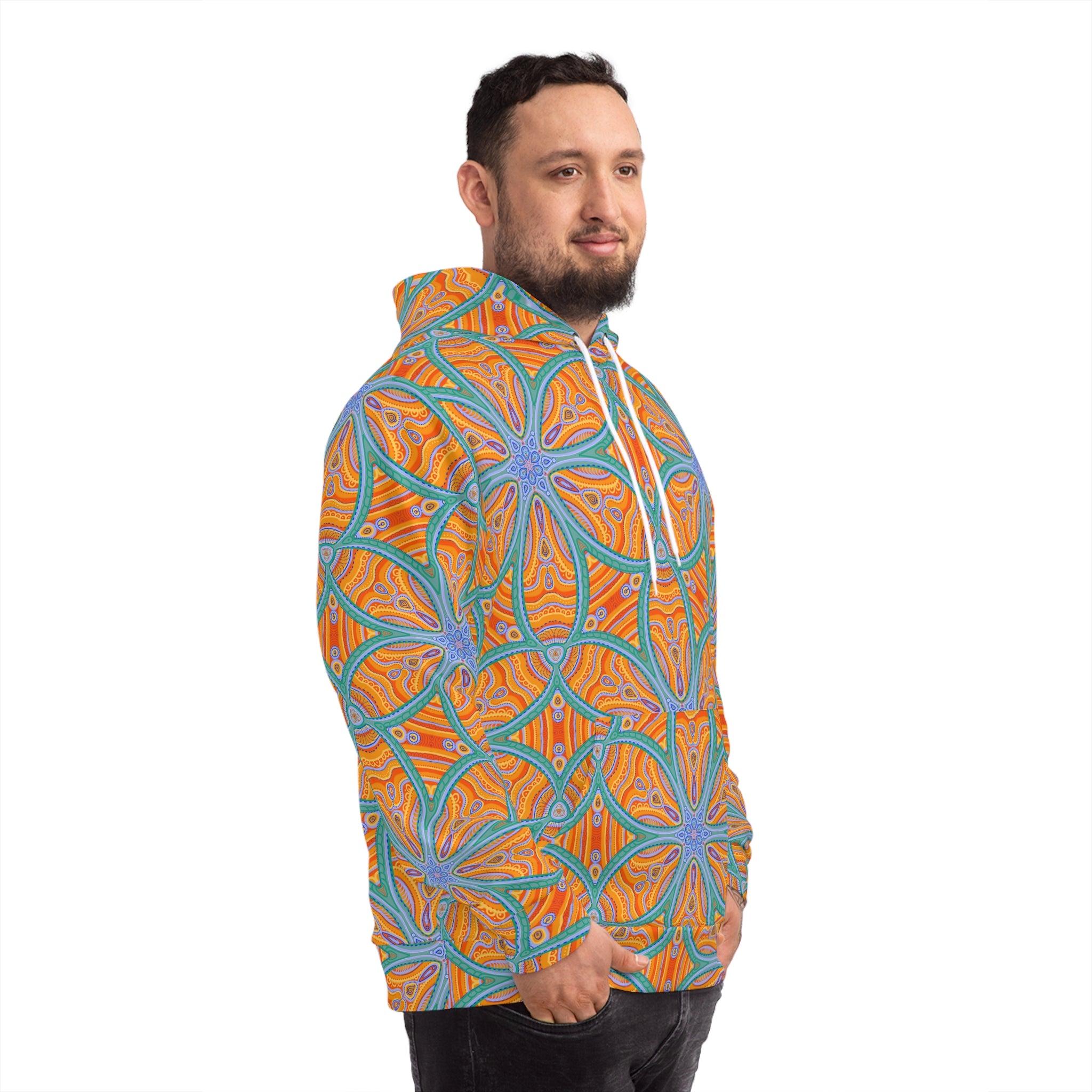 Abstract Psychedelic Pattern Hoodie — Orange Blue Geometric AOP #f9346789