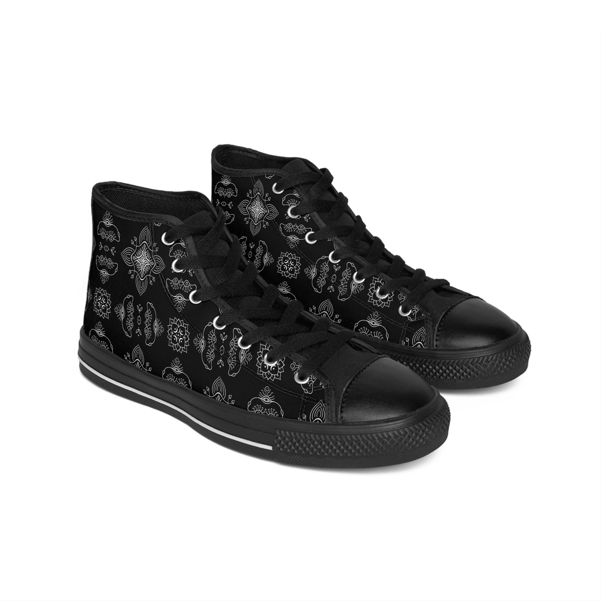 Women's High-Top Sneakers — Black Vintage Paisley Pattern #d2356