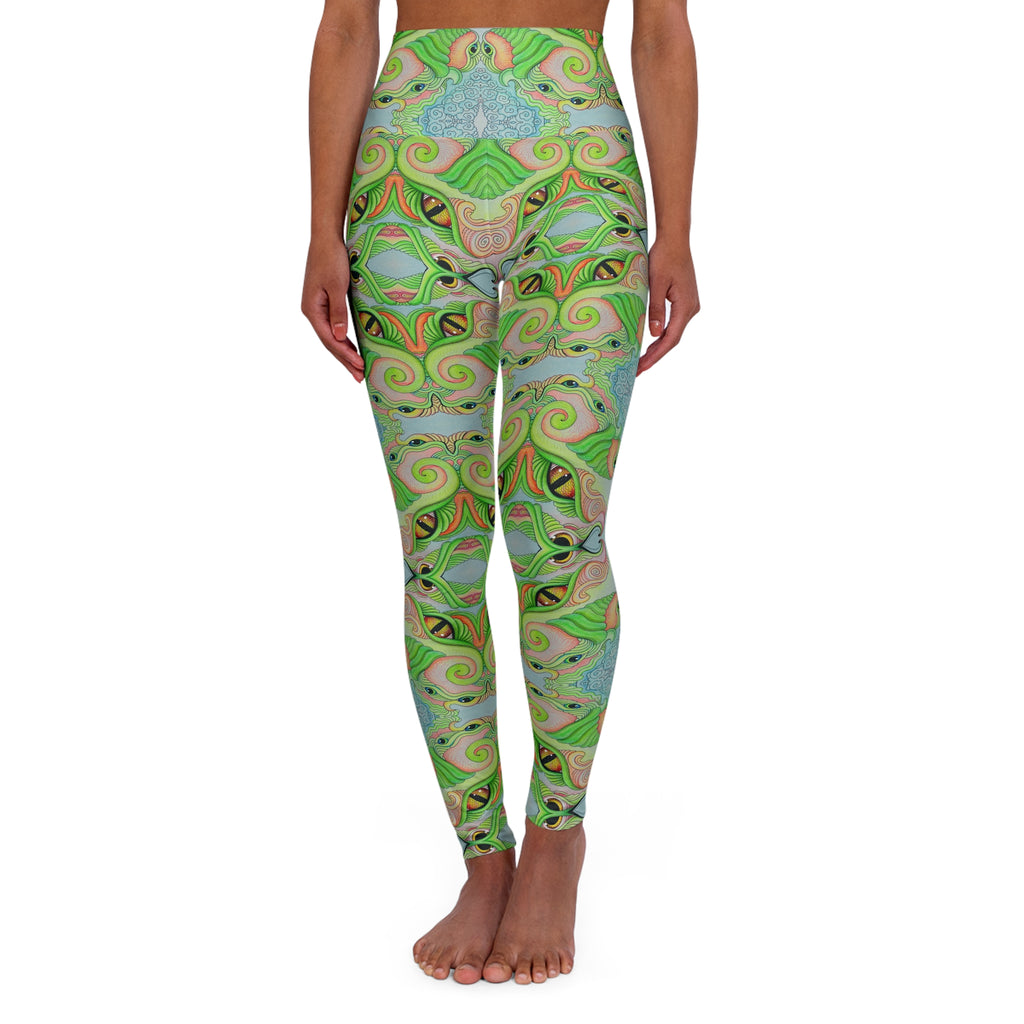 Green Psychedelic Swirl High-Waist Yoga Leggings #dgcv22679
