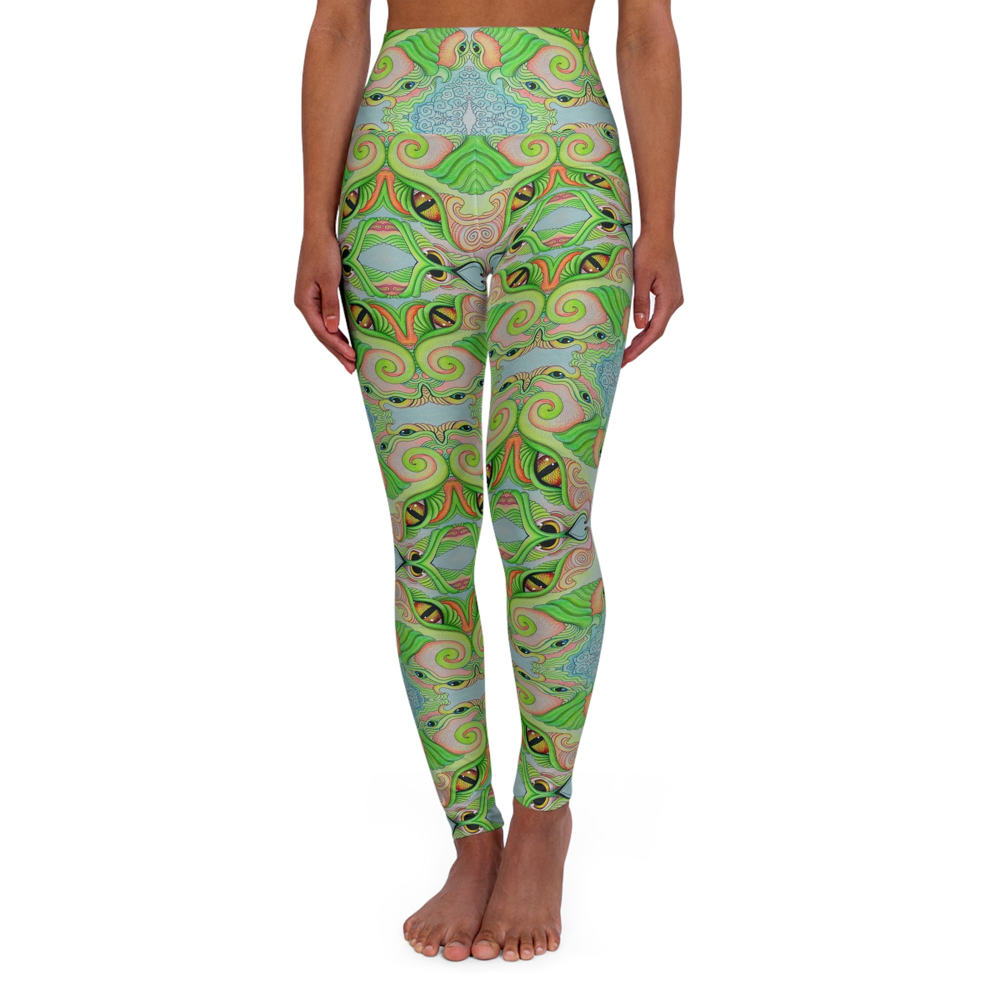 Green Psychedelic Swirl High-Waist Yoga Leggings #dgcv22679