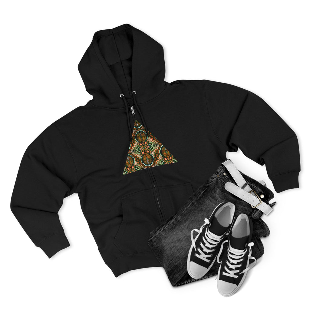 Geometric Tribal Pattern Zip Hoodie — Earthy Mandala Triangle & Circle Design #zh137