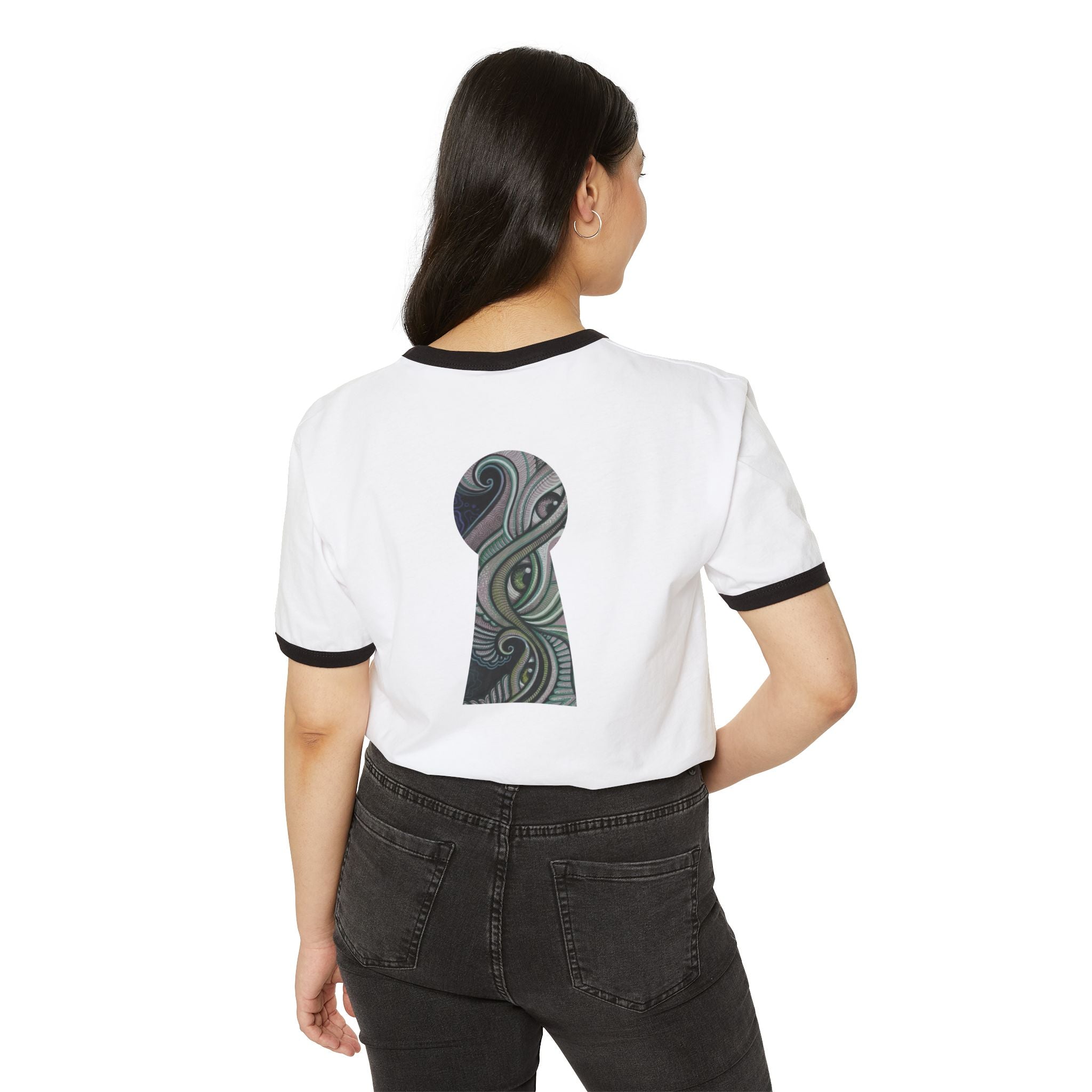 Ringer T-Shirt — Tribal Wave Triangle & Keyhole Graphic #hf74211