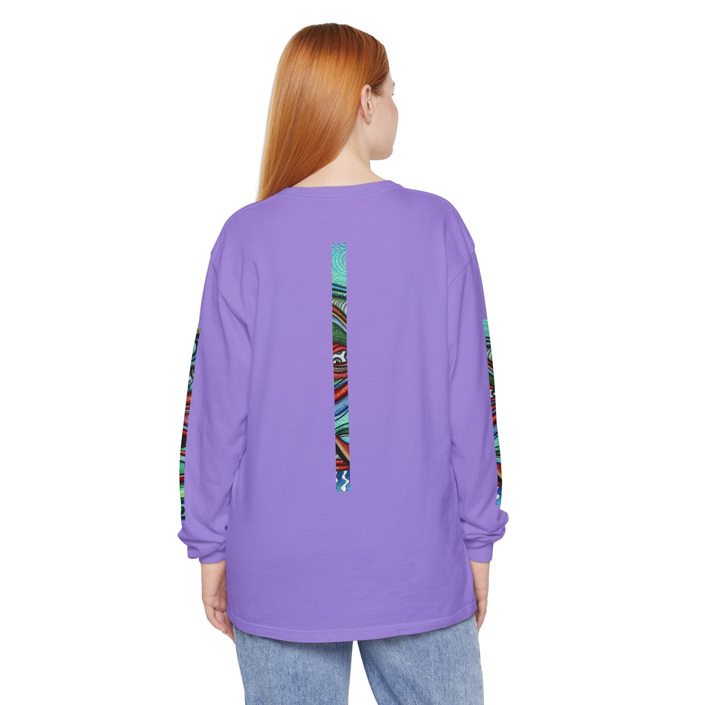 Psychedelic Starburst Long Sleeve Tee — Colorful Eye & Sleeve Stripe Design #k976344