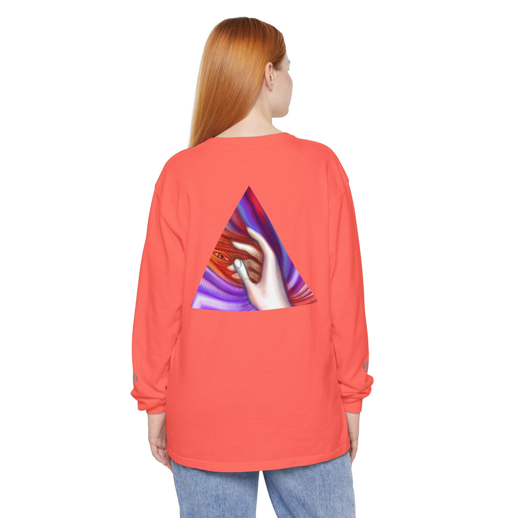 Long Sleeve T-Shirt — Triangular Hand Art Graphic (White) #sh26774