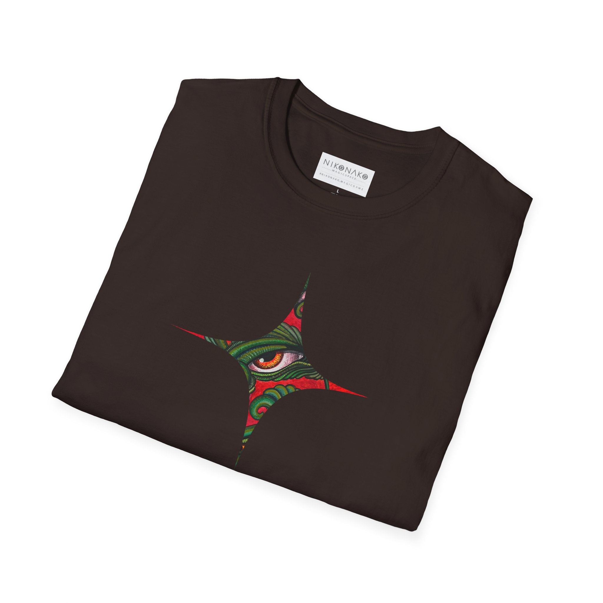 Geometric Tribal Eye Tee — Abstract Red & Green Triangle Graphic T-Shirt #sx432177