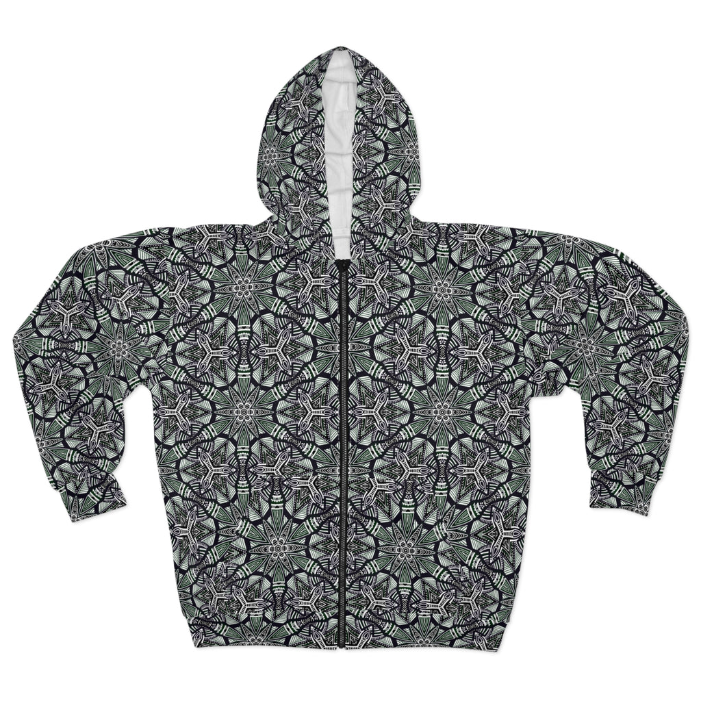 Kaleidoscope Geo Zip Hoodie — Green Black All-Over Print #f087497
