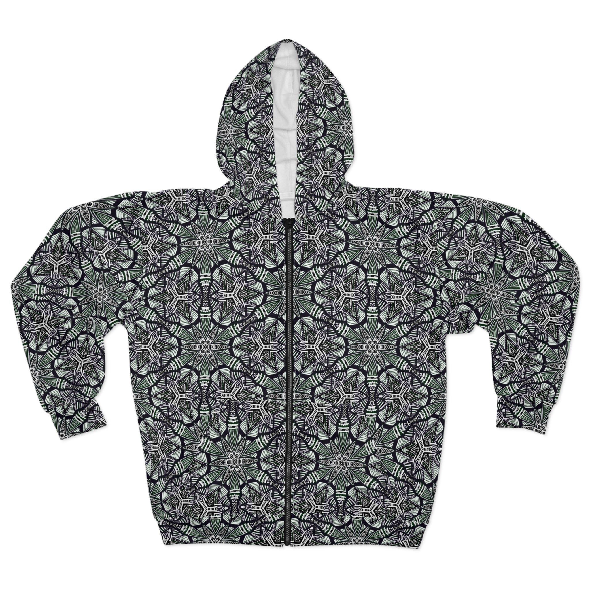 Kaleidoscope Geo Zip Hoodie — Green Black All-Over Print #f087497