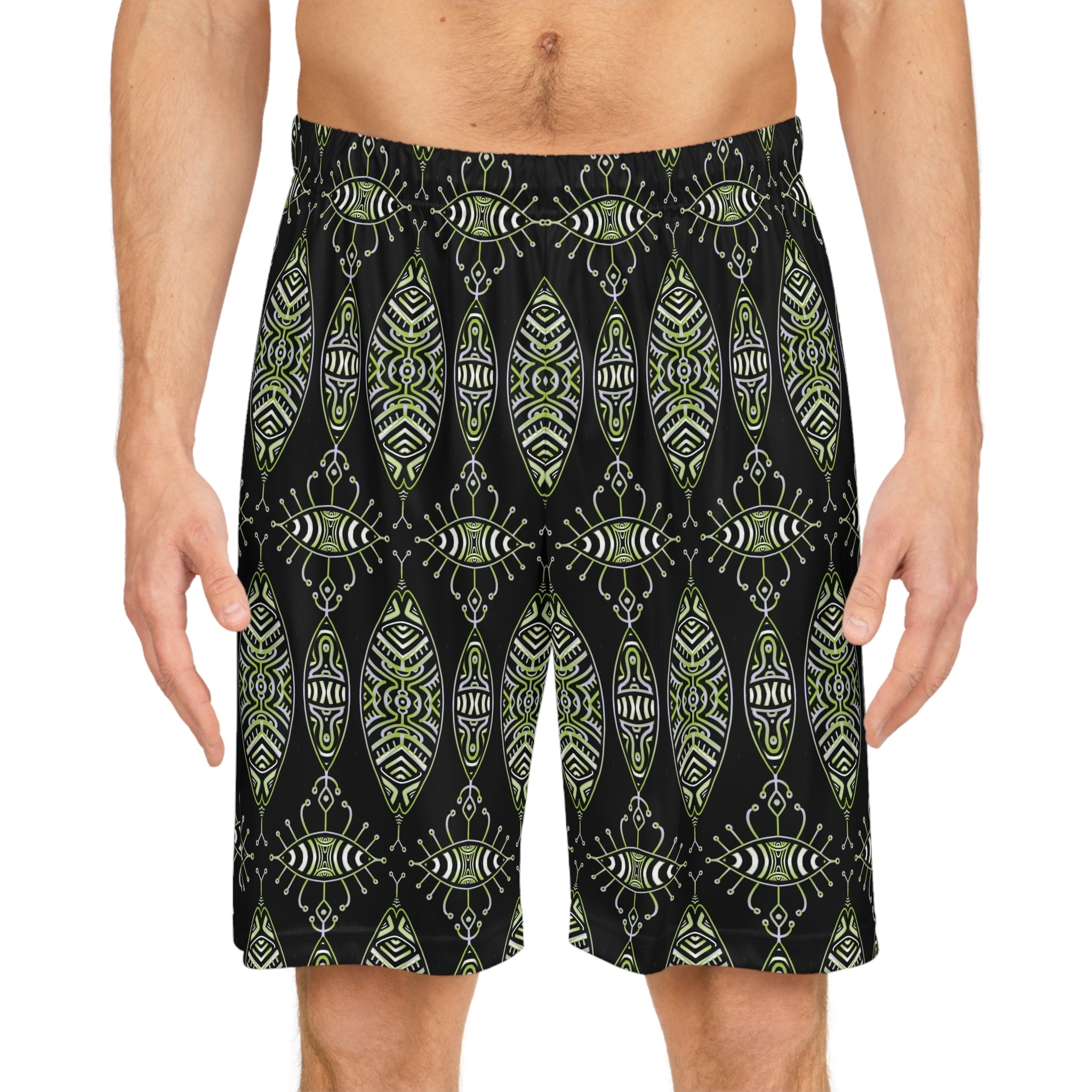Tribal Green Pattern Basketball Shorts #u98647