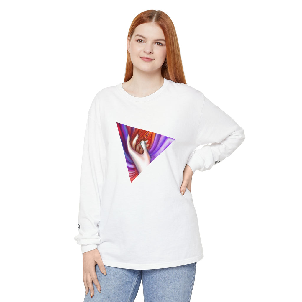 Long Sleeve T-Shirt — Triangular Hand Art Graphic (White) #sh26774