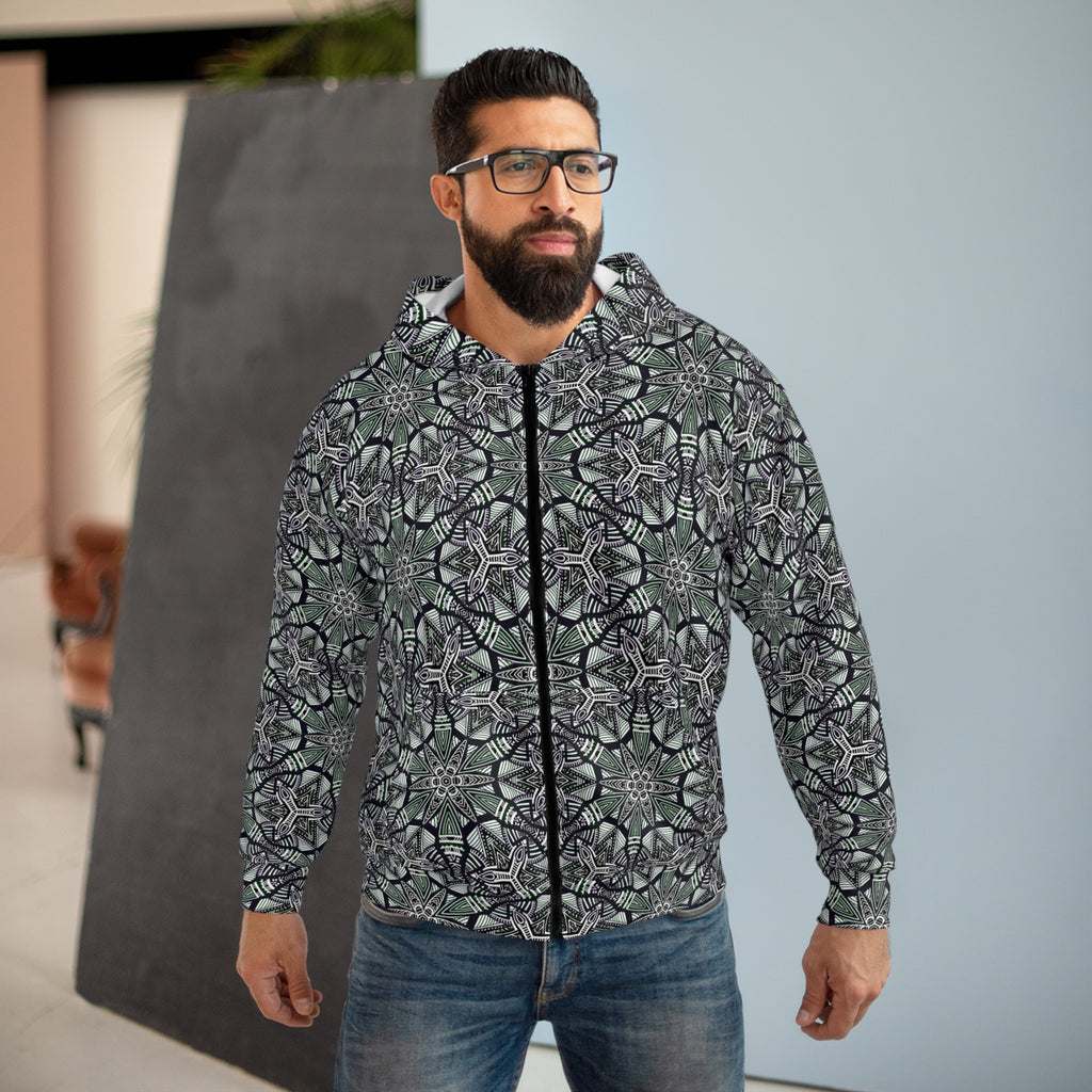 Kaleidoscope Geo Zip Hoodie — Green Black All-Over Print #f087497
