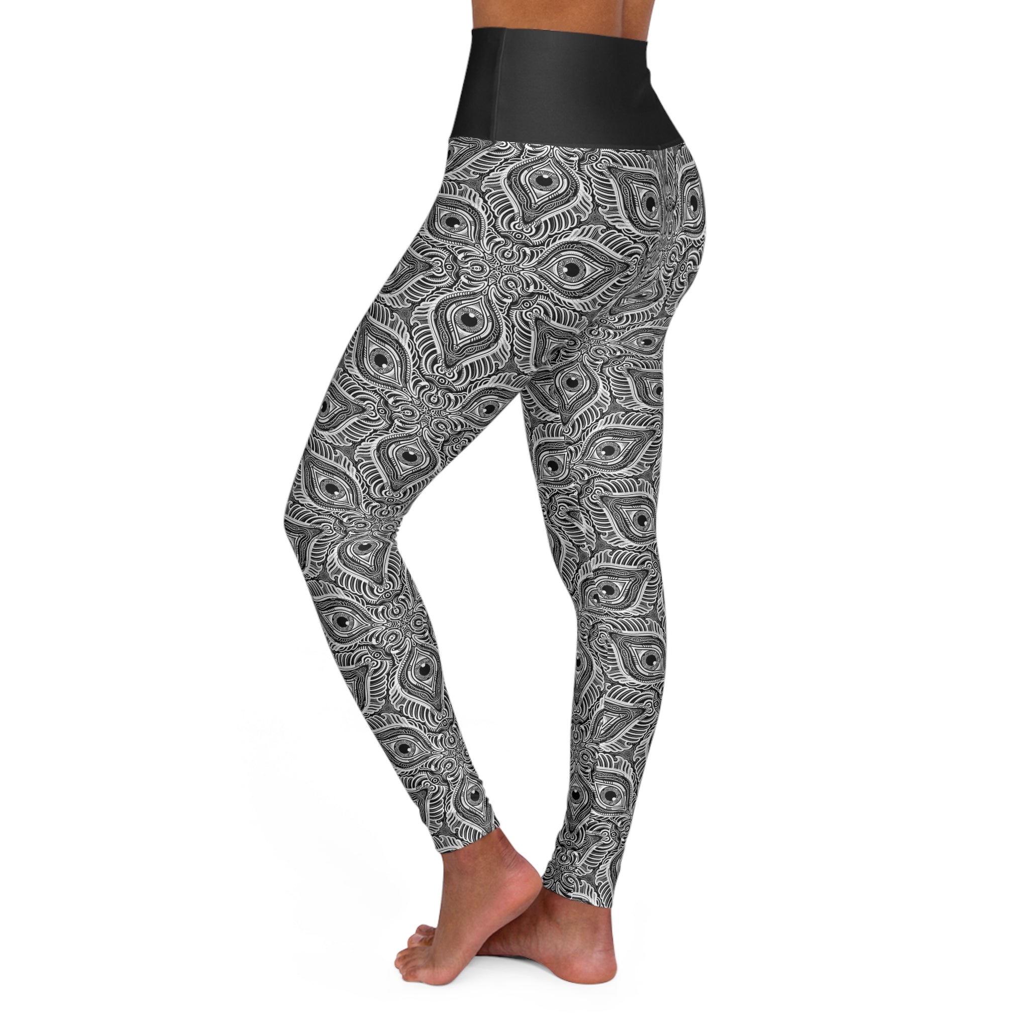 High-Waist Yoga Leggings — Monochrome Geometric Mandala Print #ml32