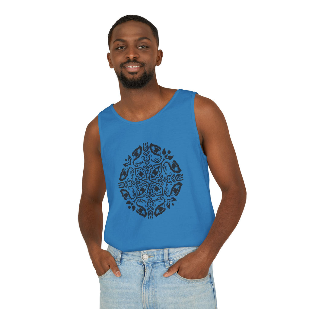 Boho Mandala Tank Top — Black Floral Circular Graphic Tank #fr3