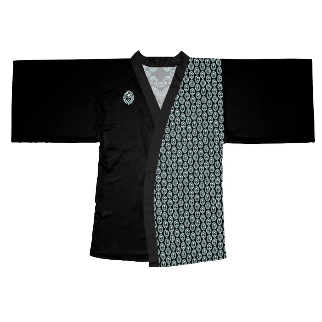 Silk-Feel Black Kimono Robe with Aqua Floral Waves Pattern #kr51