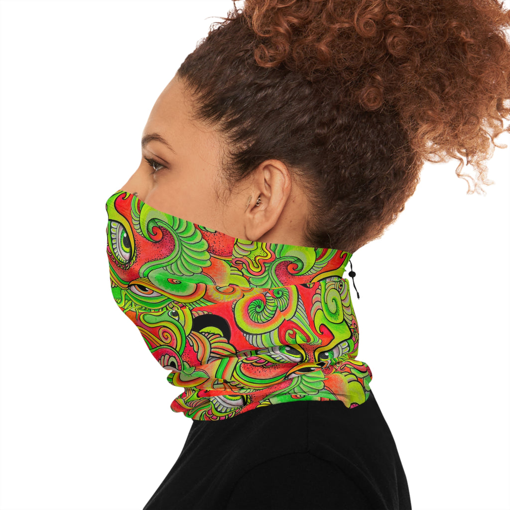 Psychedelic Paisley Winter Neck Gaiter with Drawstring — Bright Green & Orange Thermal Face Warmer #ew865479900
