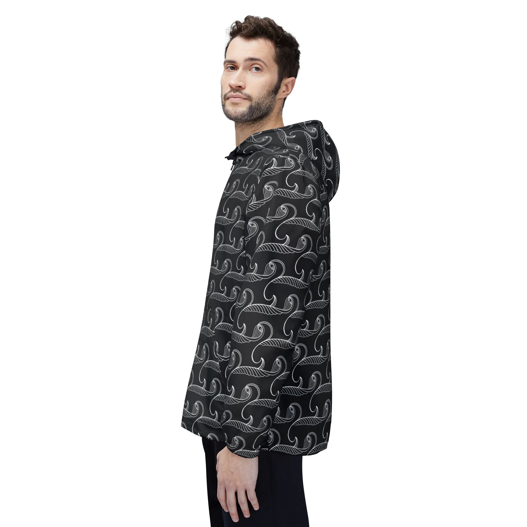 Wave Pattern Windbreaker Jacket — Monochrome Swirl All-Over Print #x7539