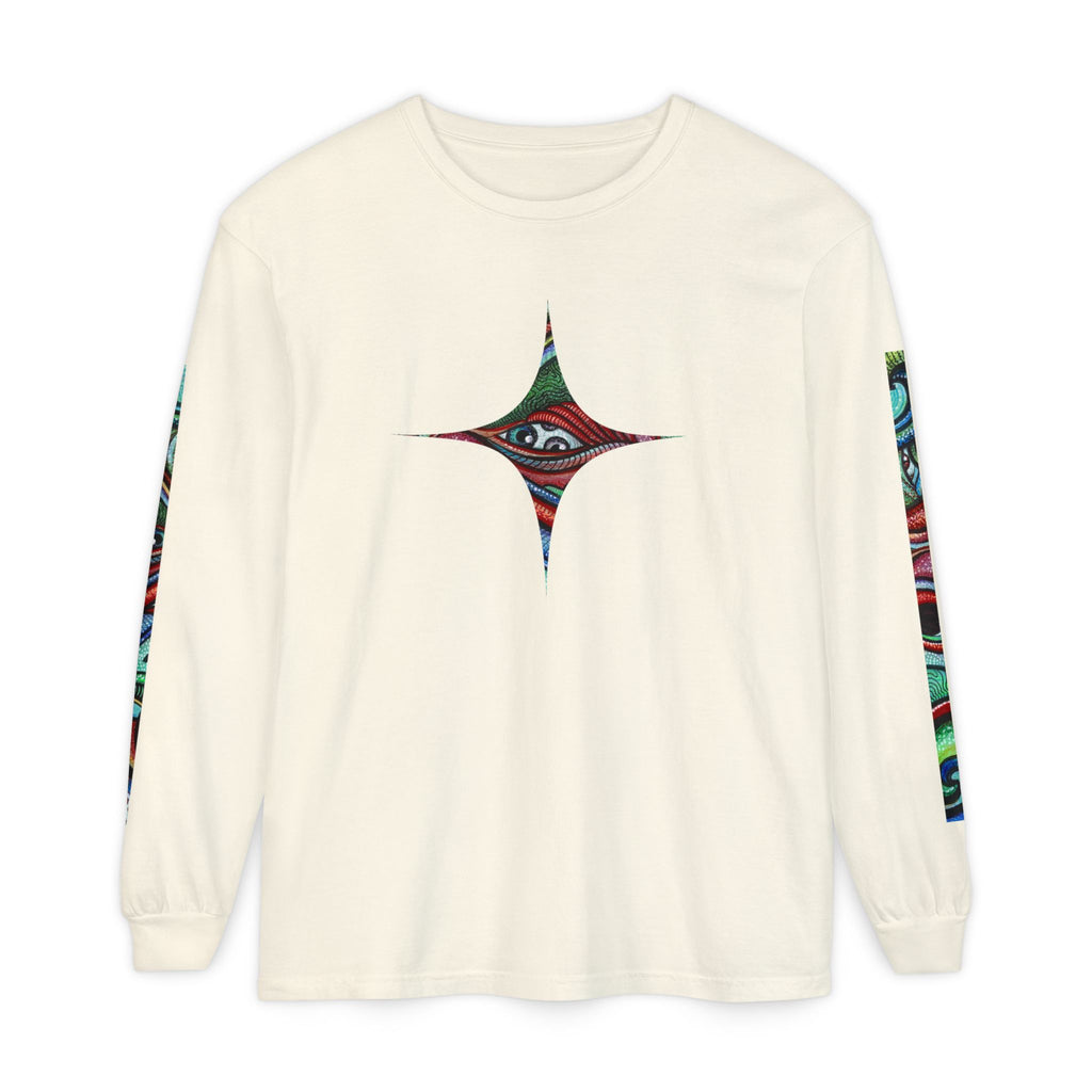 Psychedelic Starburst Long Sleeve Tee — Colorful Eye & Sleeve Stripe Design #k976344