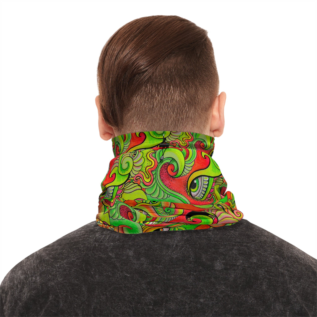 Psychedelic Paisley Winter Neck Gaiter with Drawstring — Bright Green & Orange Thermal Face Warmer #ew865479900