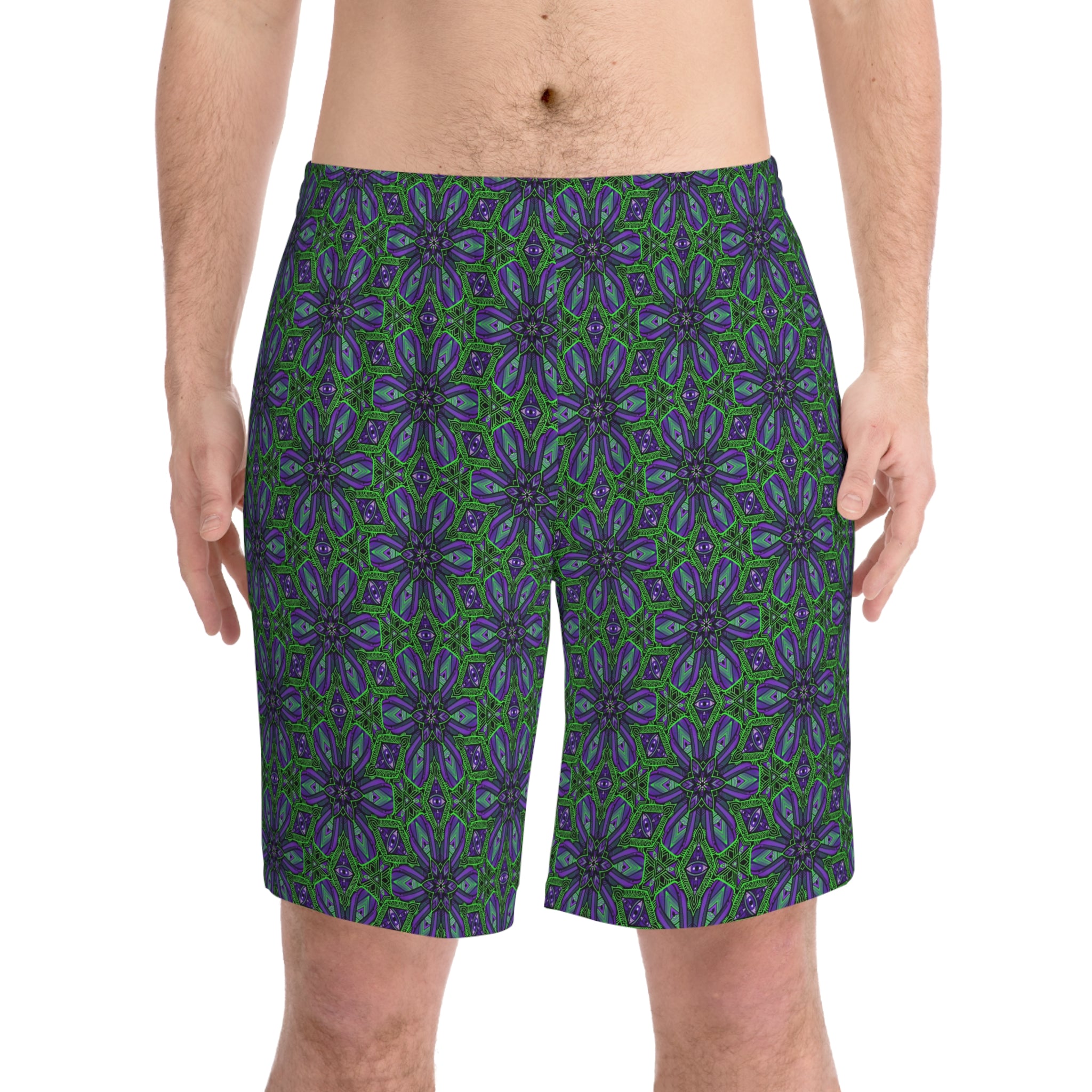Floral Kaleidoscope Beach Shorts — Green & Indigo All-Over Print #sk08757