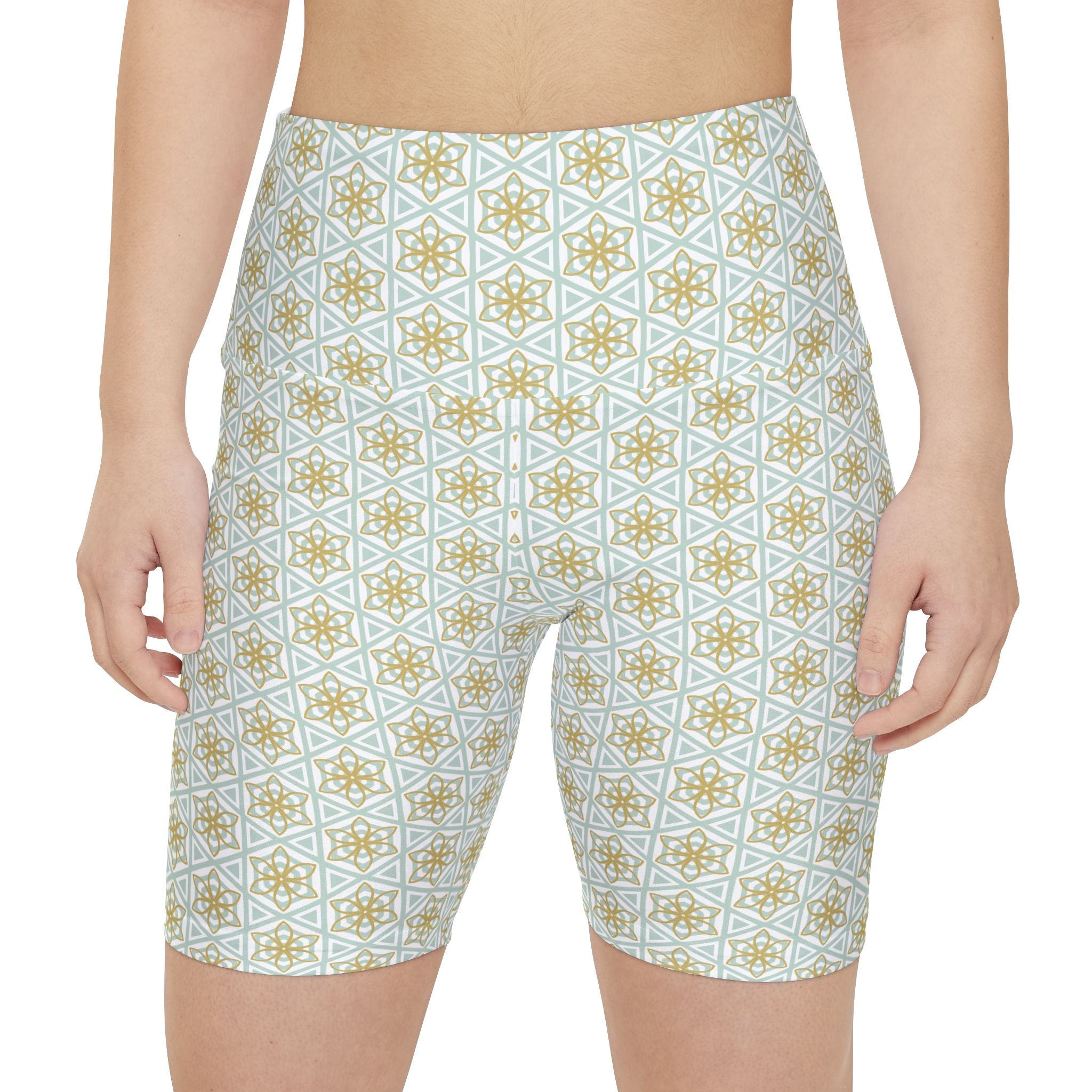 Geometric Tile Print Women's Workout Shorts — Mint & Gold AOP Activewear #d24245