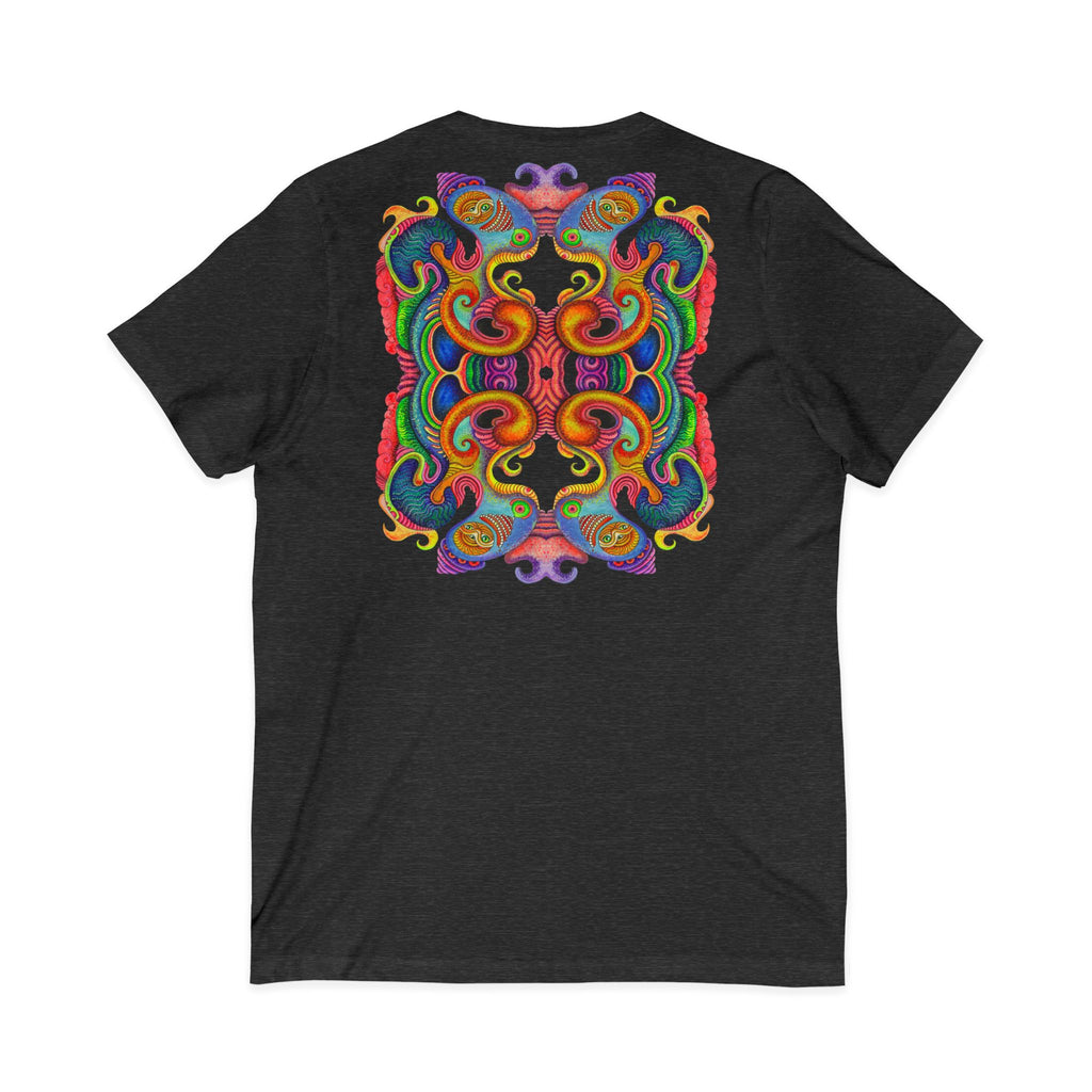 Psychedelic Keyhole V-Neck Tee — Colorful Abstract Back Art  #h975468