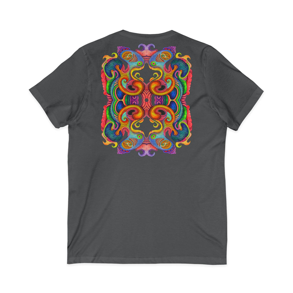Psychedelic Keyhole V-Neck Tee — Colorful Abstract Back Art  #h975468