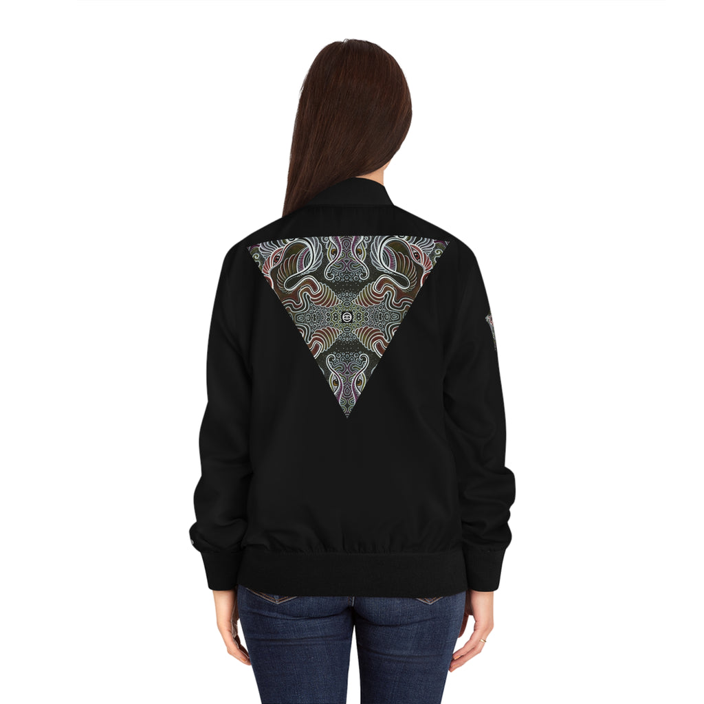 Women’s Black Bomber Jacket with Geometric Tribal Triangle Print #wbb215