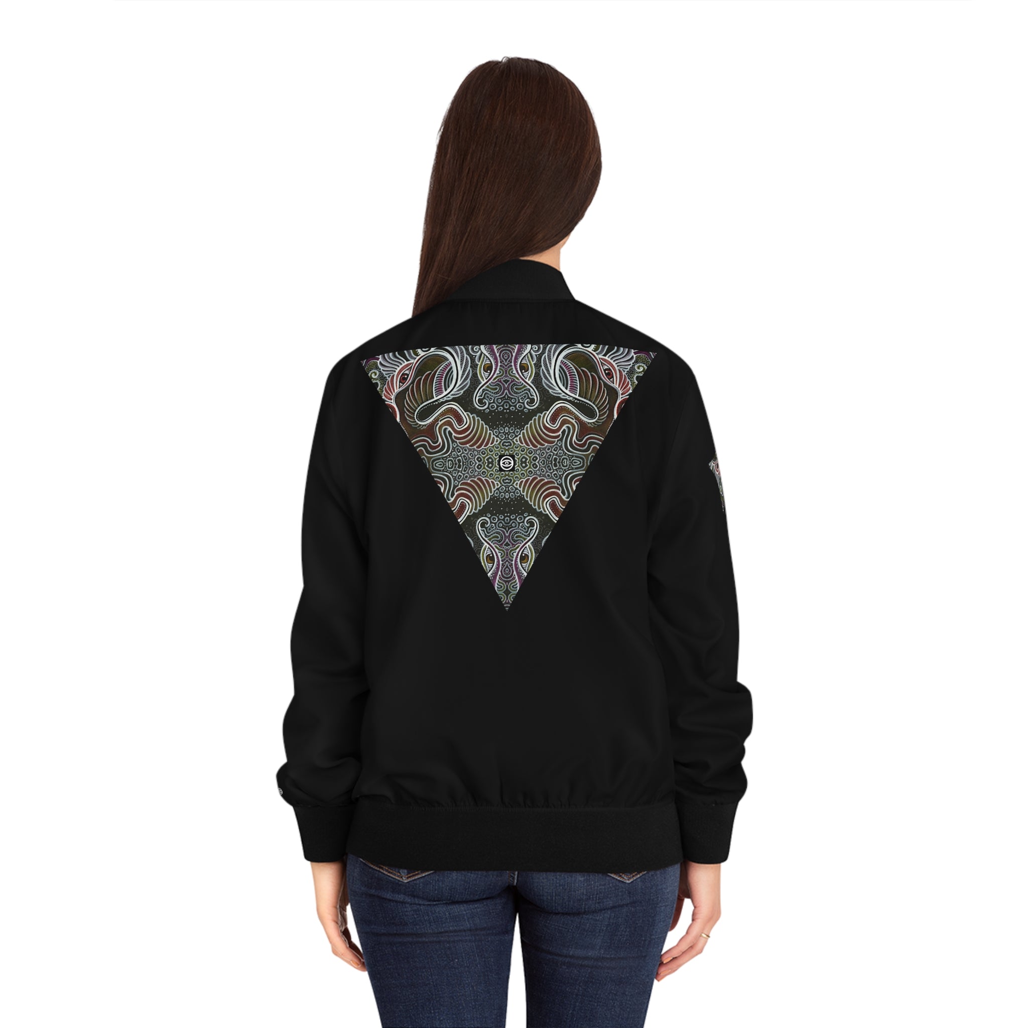 Women’s Black Bomber Jacket with Geometric Tribal Triangle Print #wbb215