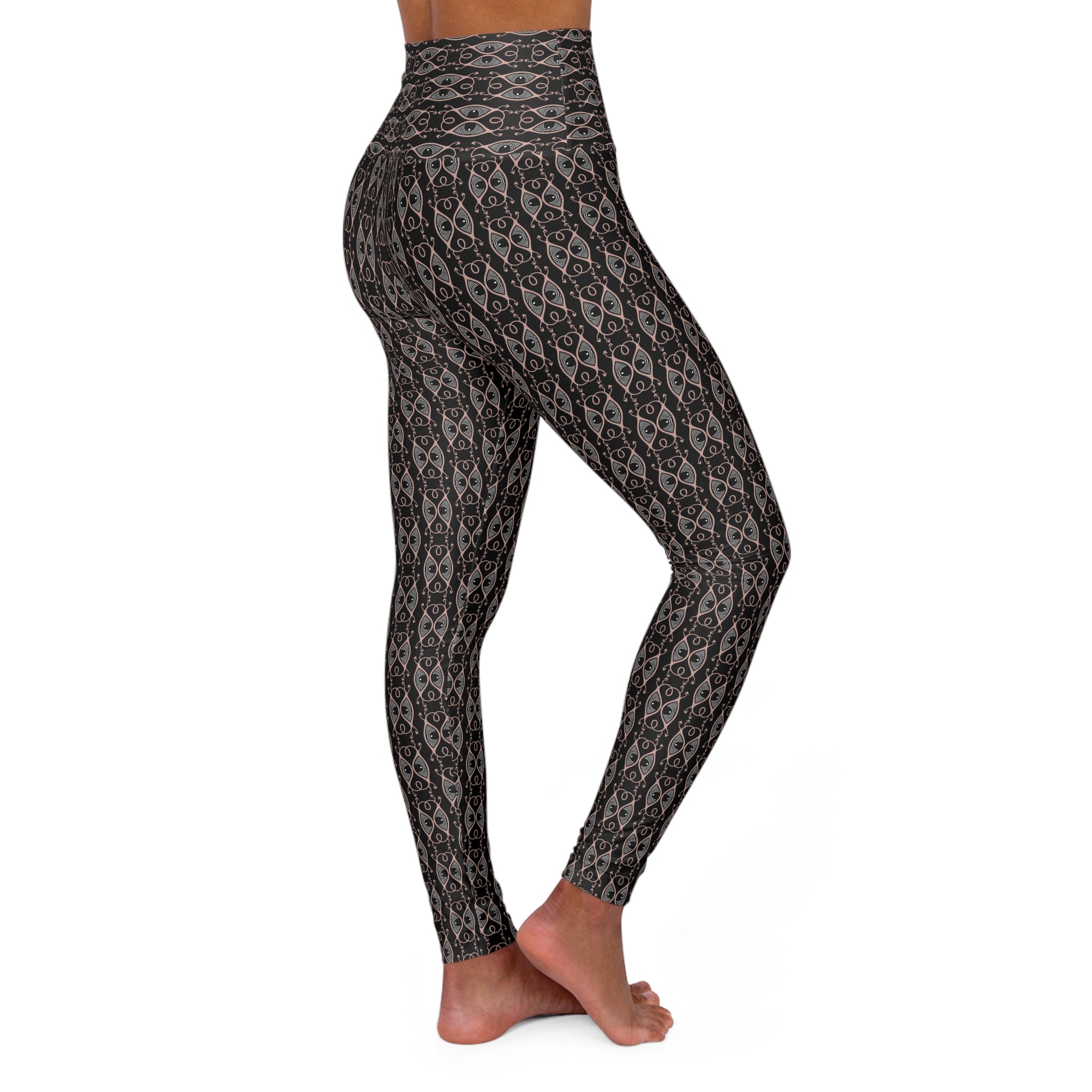 High-Waisted Tribal Print Yoga Leggings — Black Grey All-Over Pattern #s23456543