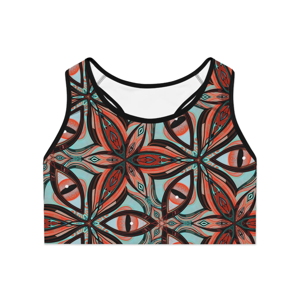 Retro Floral Kaleidoscope Sports Bra — Bold Red & Teal All-Over-Print #ugf826149