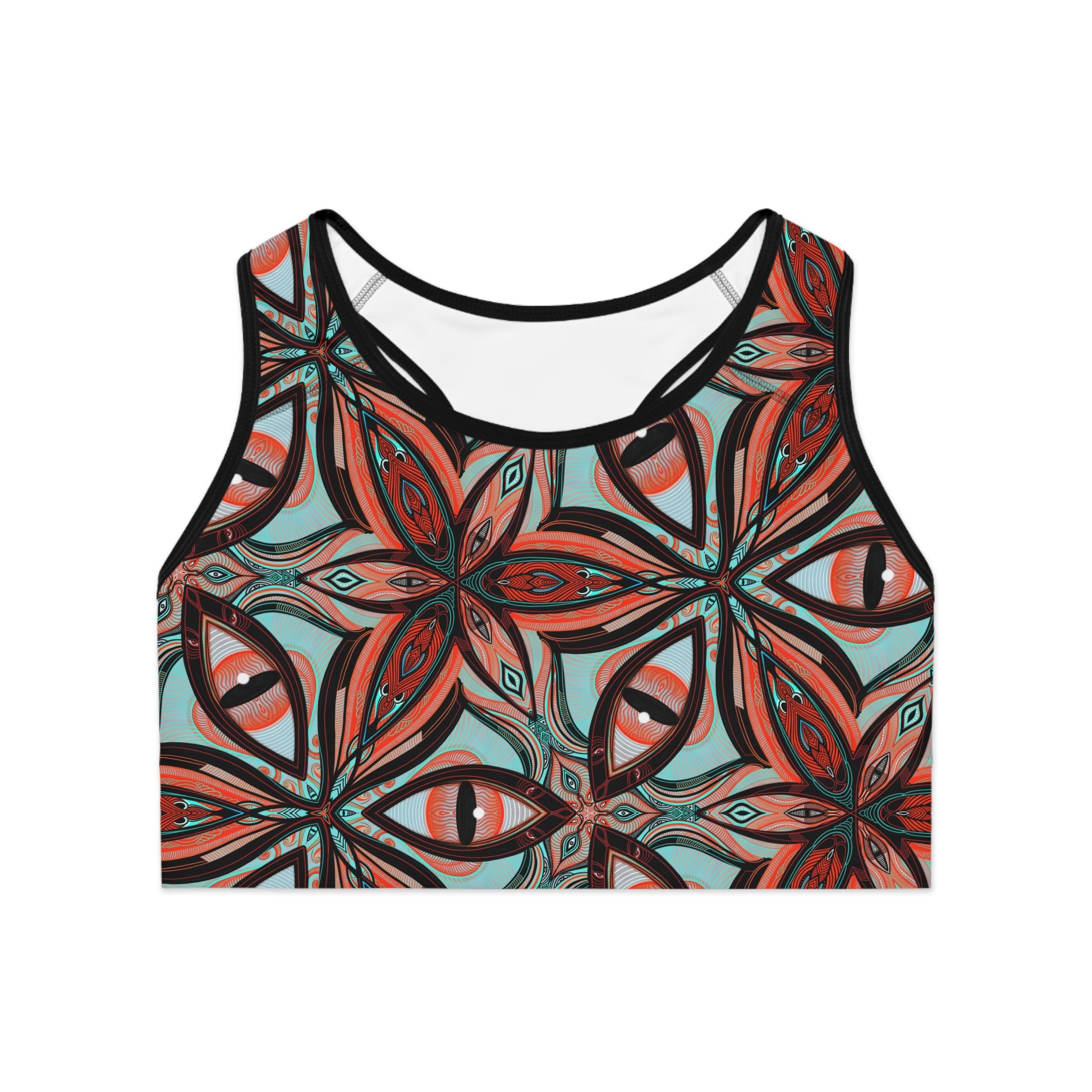 Retro Floral Kaleidoscope Sports Bra — Bold Red & Teal All-Over-Print #ugf826149