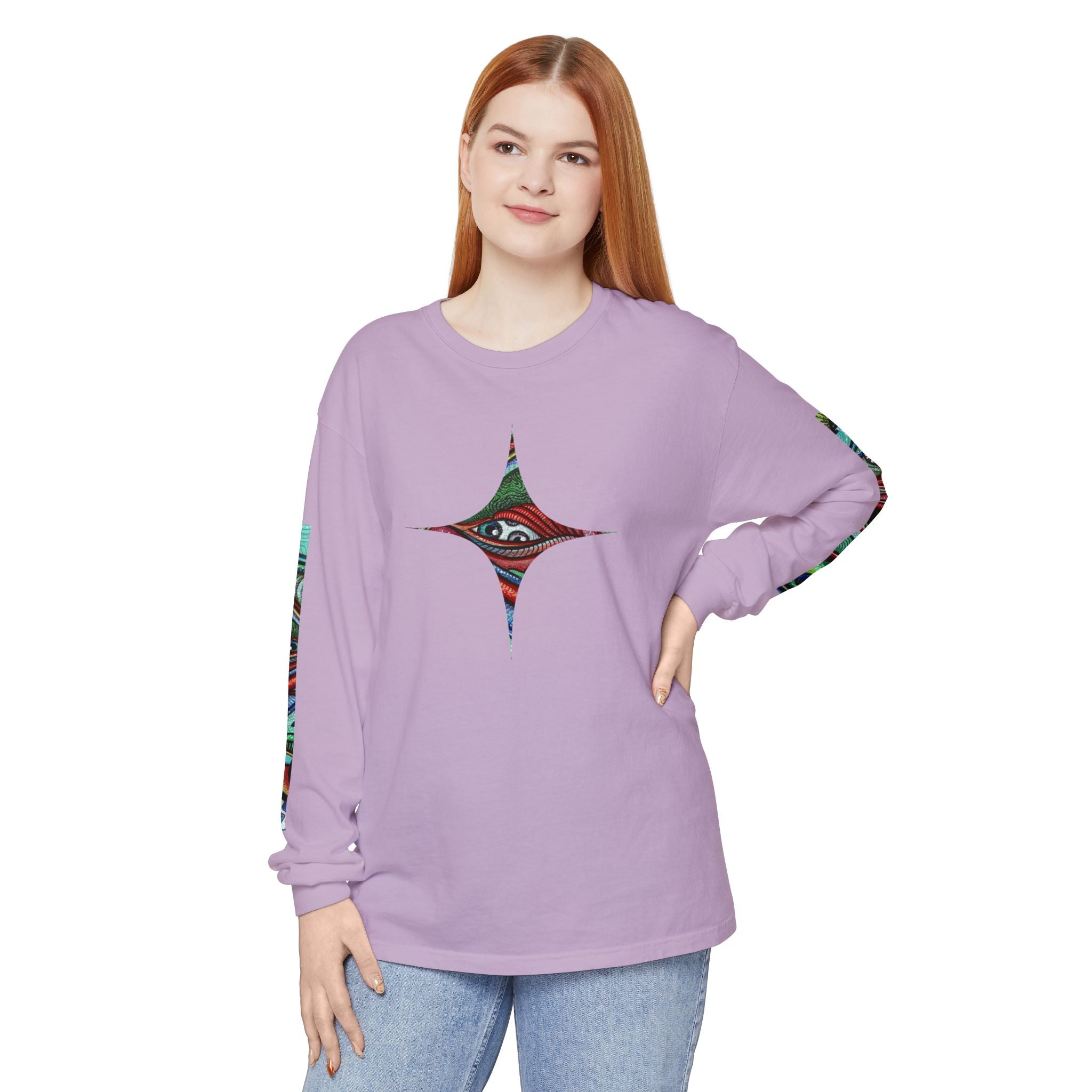 Psychedelic Starburst Long Sleeve Tee — Colorful Eye & Sleeve Stripe Design #k976344
