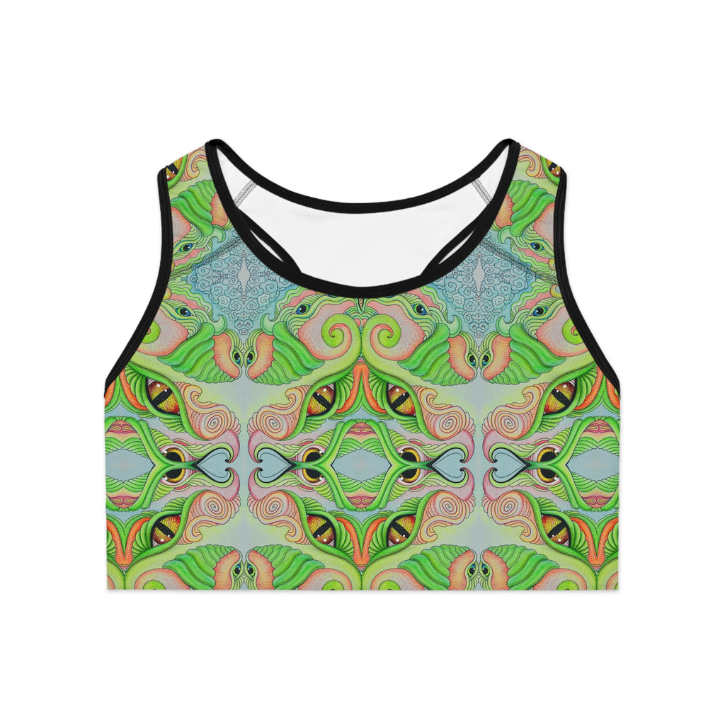 Psychedelic Green Kaleidoscope Sports Bra — All-Over-Print Activewear  #rth4445
