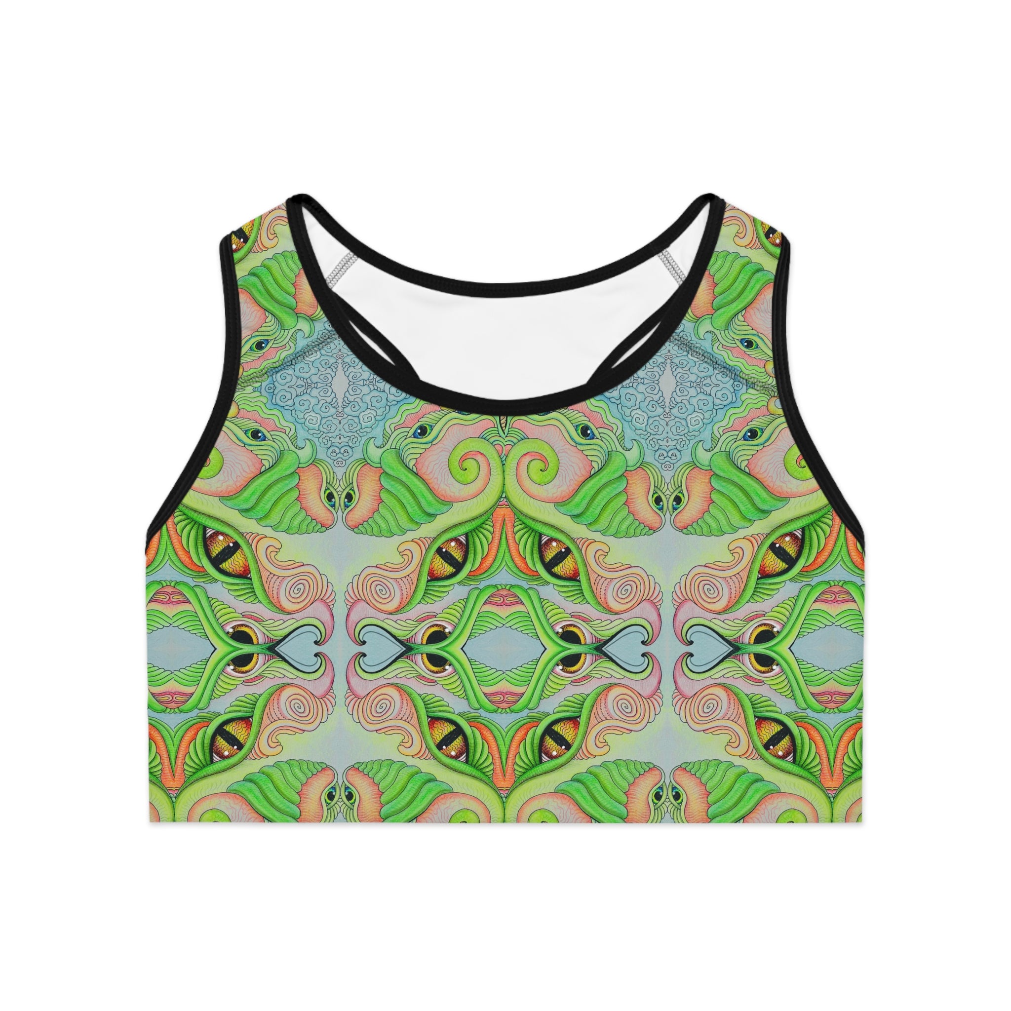 Psychedelic Green Kaleidoscope Sports Bra — All-Over-Print Activewear  #rth4445