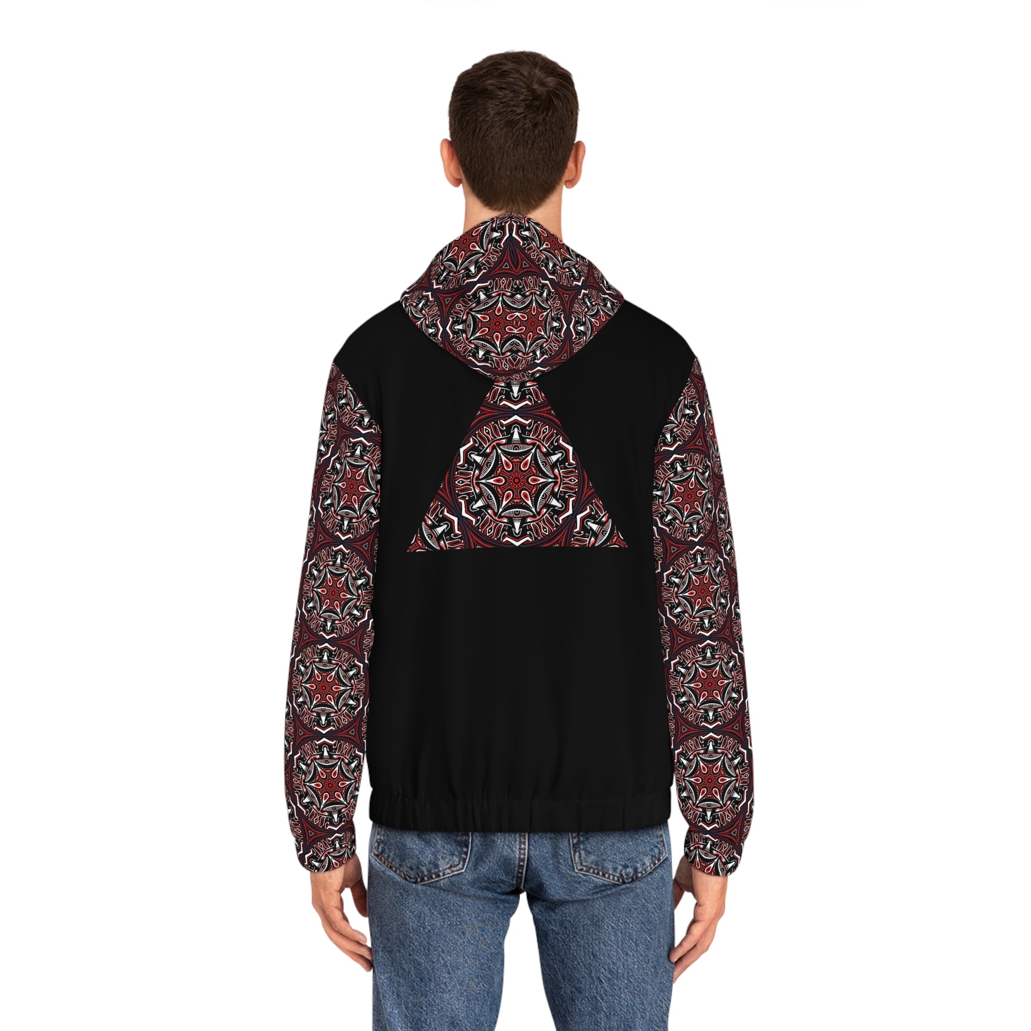 Men's Full-Zip Hoodie — Geometric Red Kaleidoscope Pattern #h764468