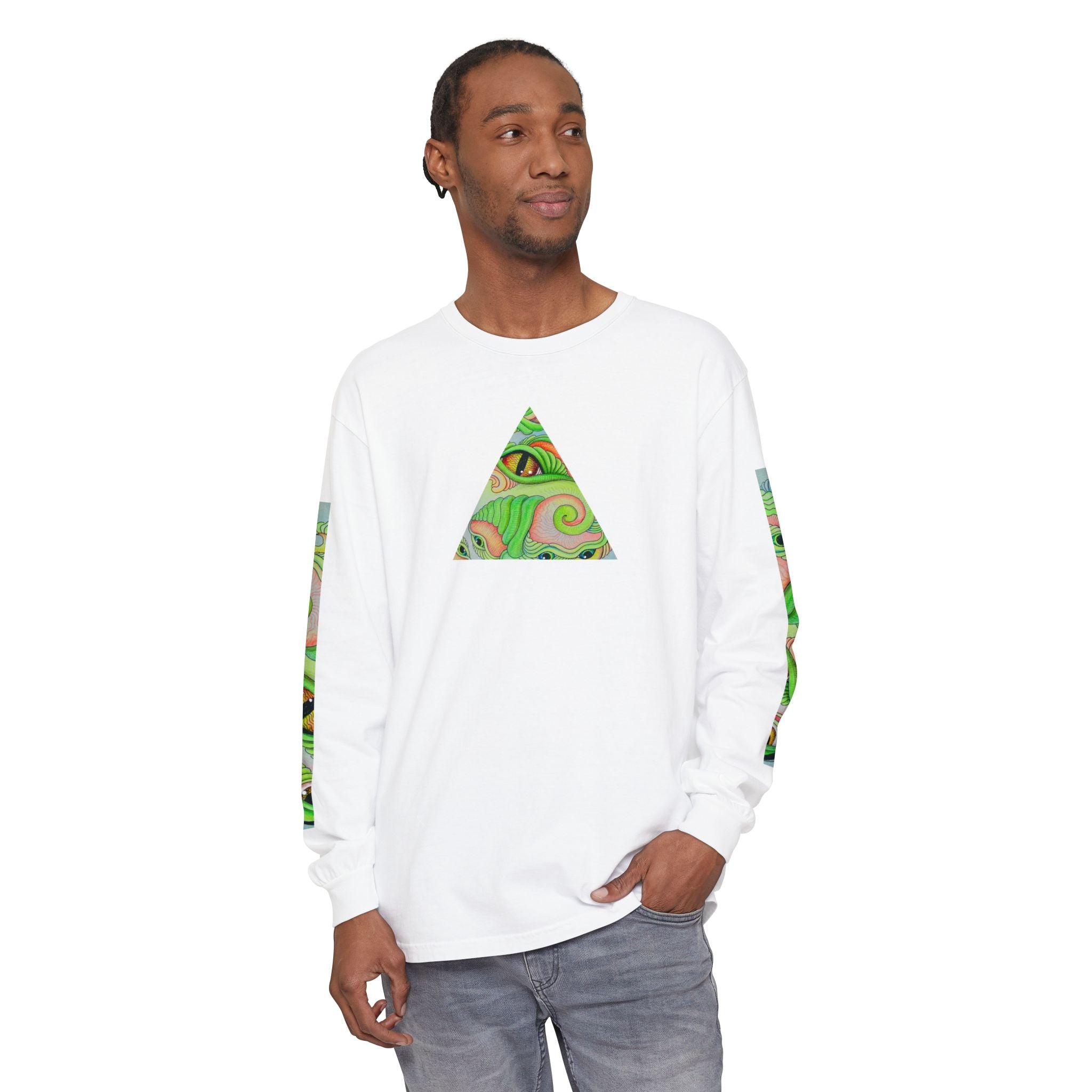 Psychedelic Green Triangle Long Sleeve Tee — Tribal Star Sleeve Artwork #gf086357