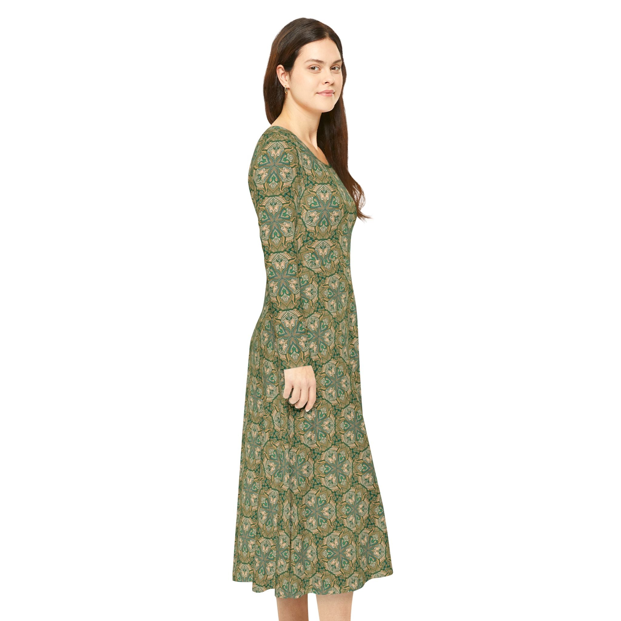 Green Vintage Floral Long Sleeve Dance Dress — All-Over Print #gh8420