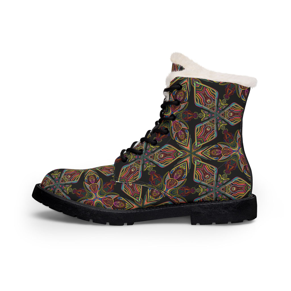 Women's Fur-Lined Leather Boots — Vintage Floral Kaleidoscope Winter Boots #hfs64299