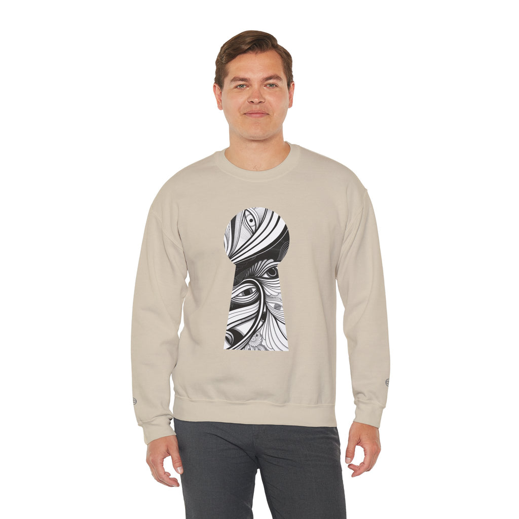 Crewneck Sweatshirt — Black & White Surreal Eye Keyhole Design #h5522168