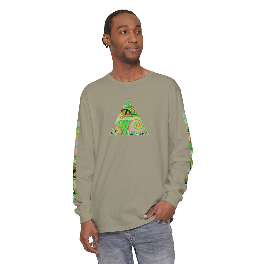 Psychedelic Green Triangle Long Sleeve Tee — Tribal Star Sleeve Artwork #gf086357