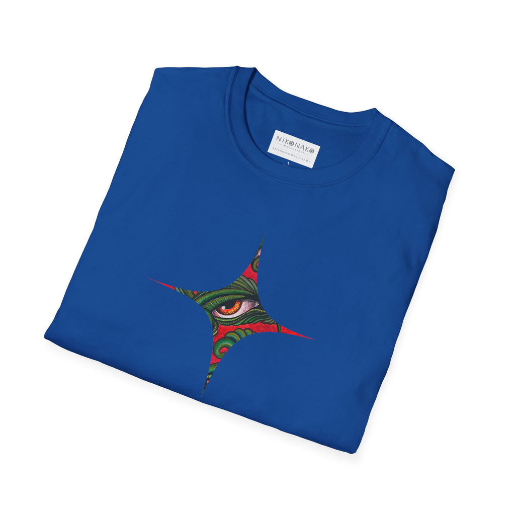 Geometric Tribal Eye Tee — Abstract Red & Green Triangle Graphic T-Shirt #sx432177