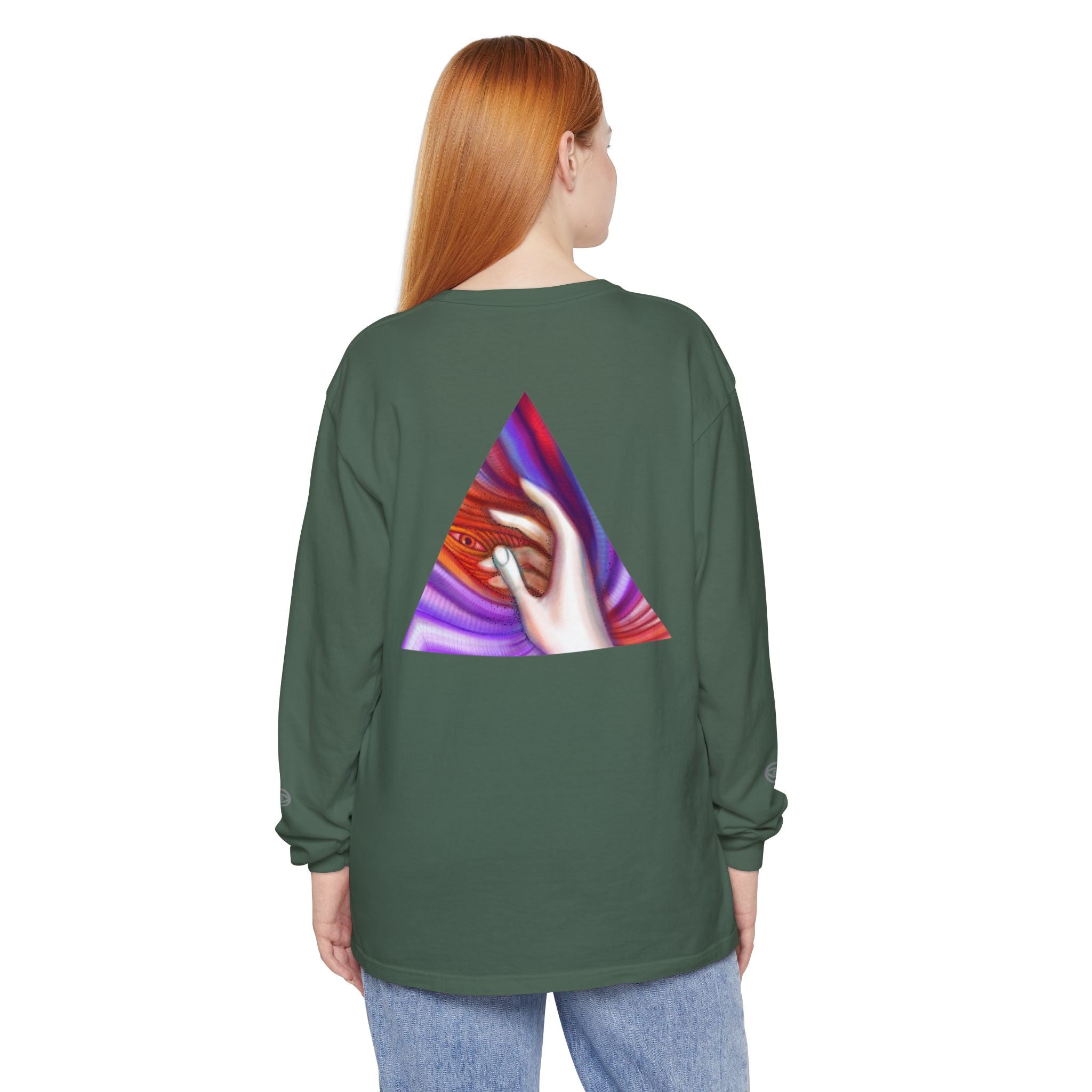Long Sleeve T-Shirt — Triangular Hand Art Graphic (White) #sh26774